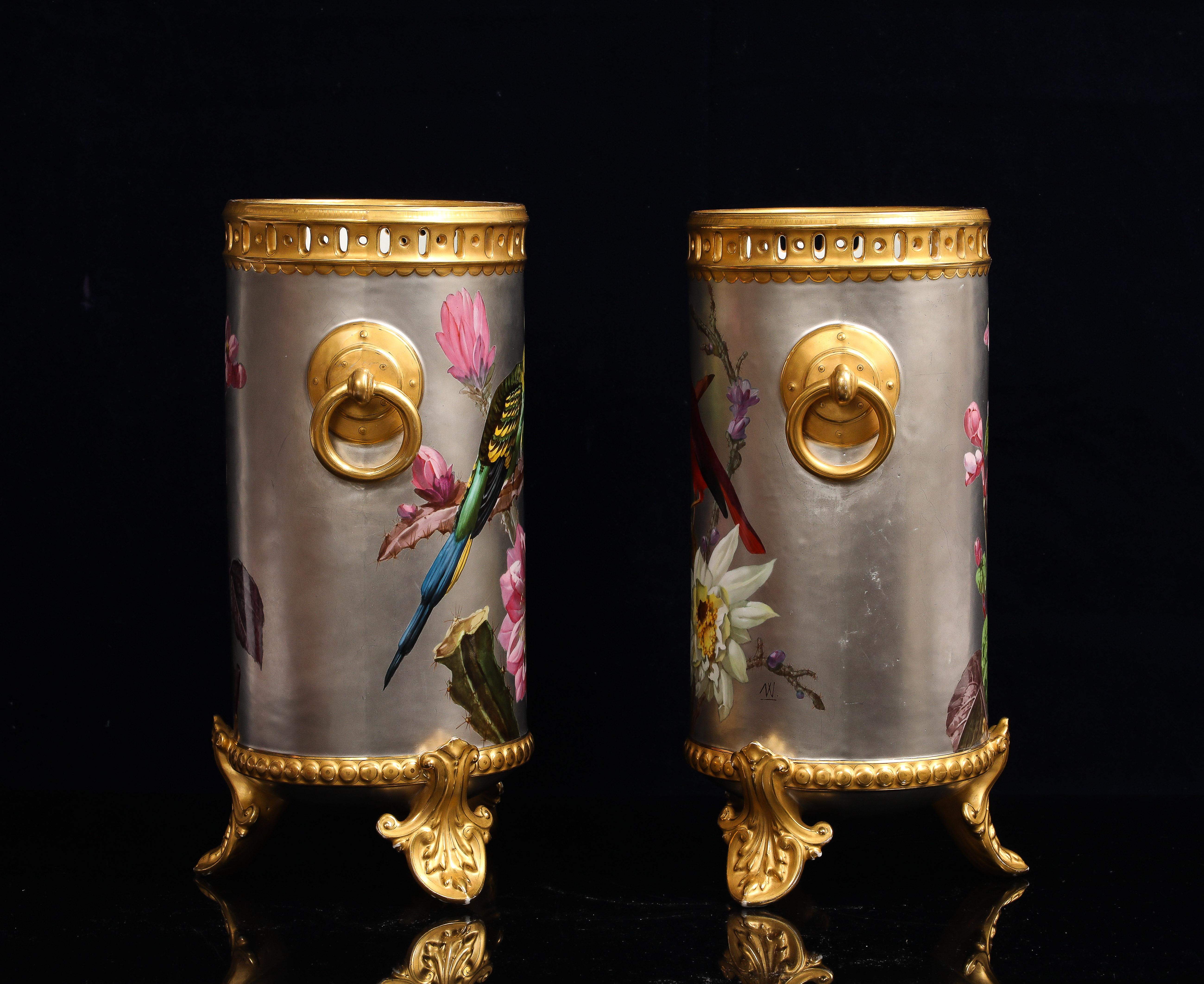 19th Century Massive Platinum-Ground Paris Vases with Birds & Flowers, Signed Narcisse Vivien For Sale
