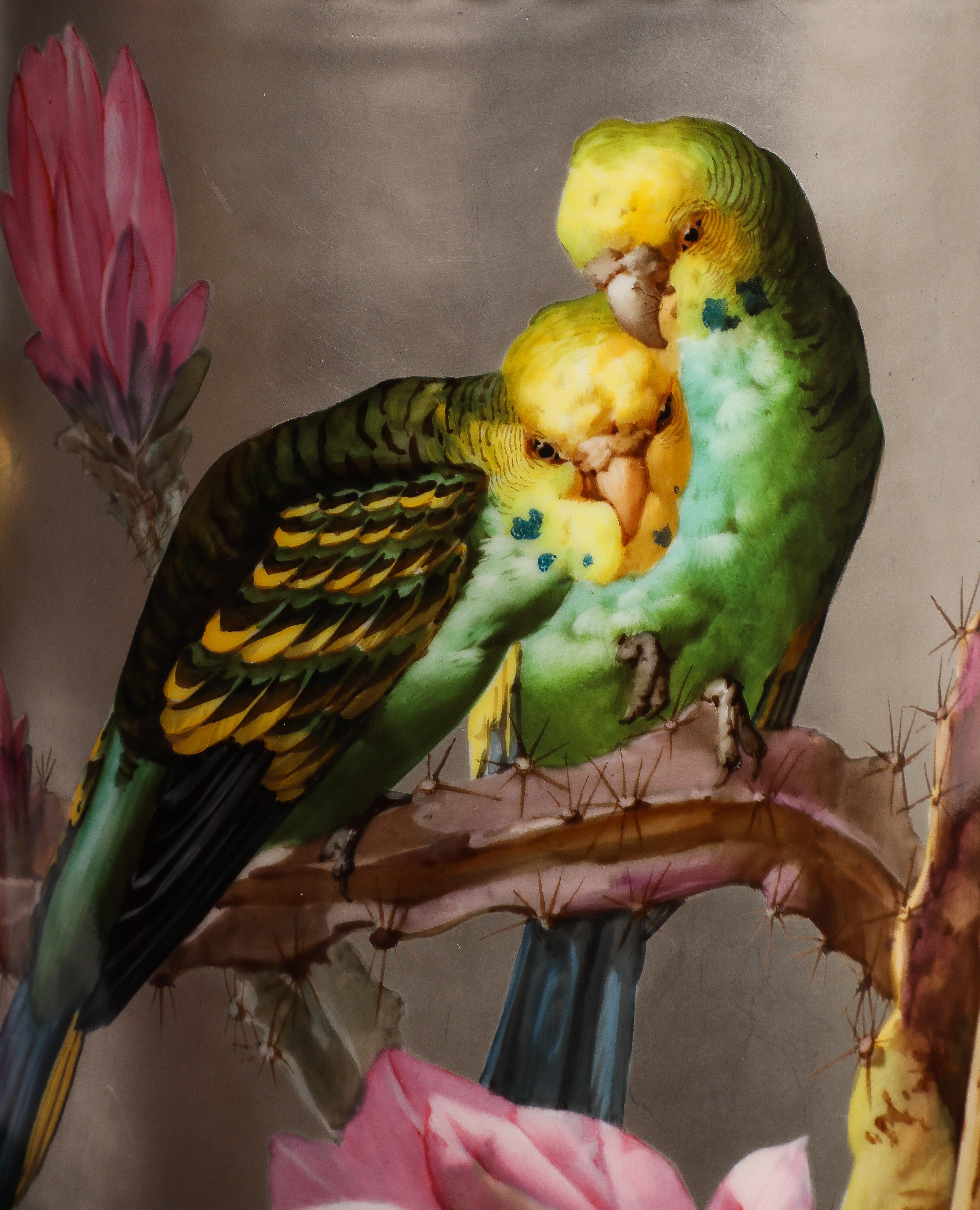 Massive Platinum-Ground Paris Vases with Birds & Flowers, Signed Narcisse Vivien For Sale 1