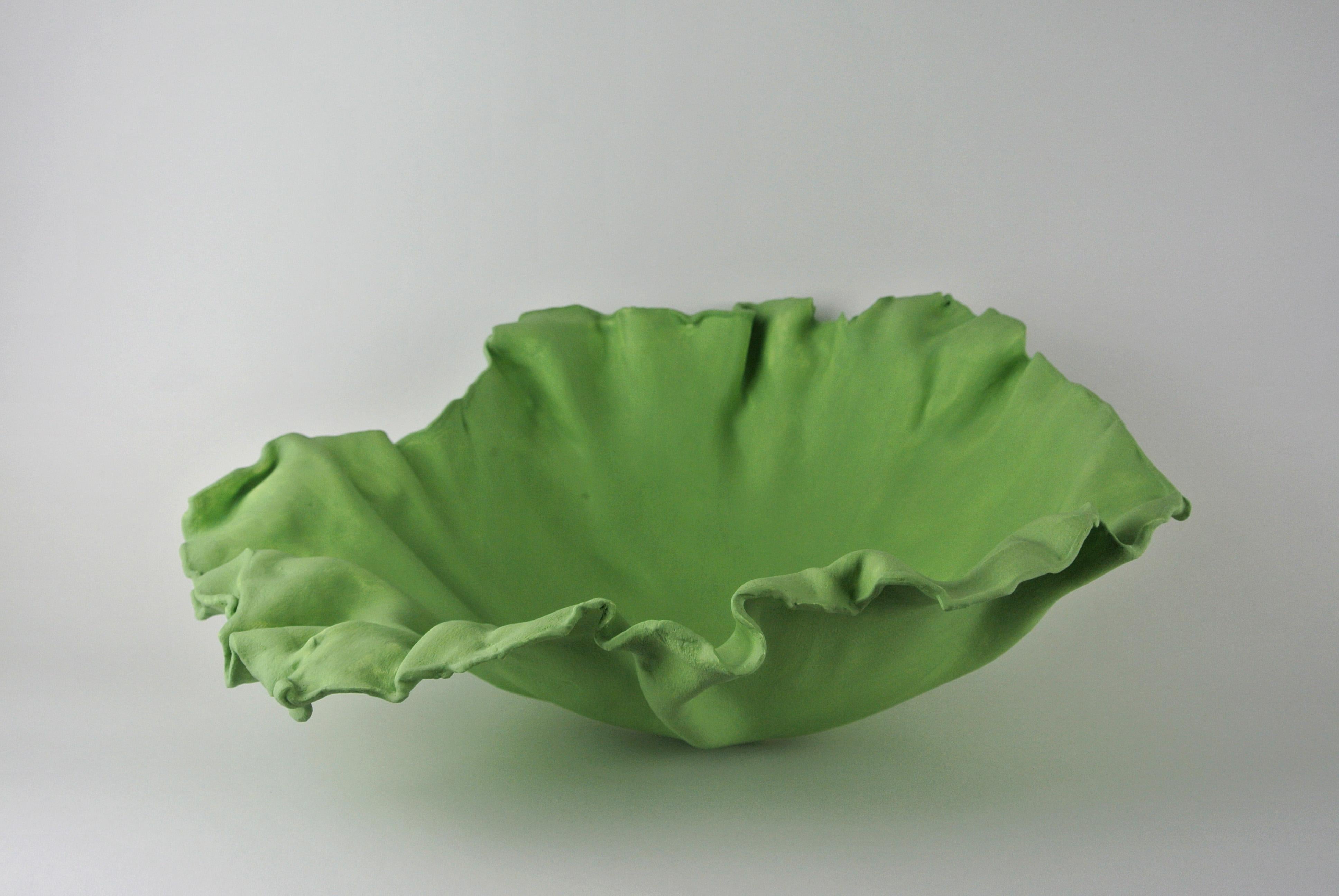 Hand-Crafted Massive Porcelain Bowl with Lichen Green Engobe For Sale
