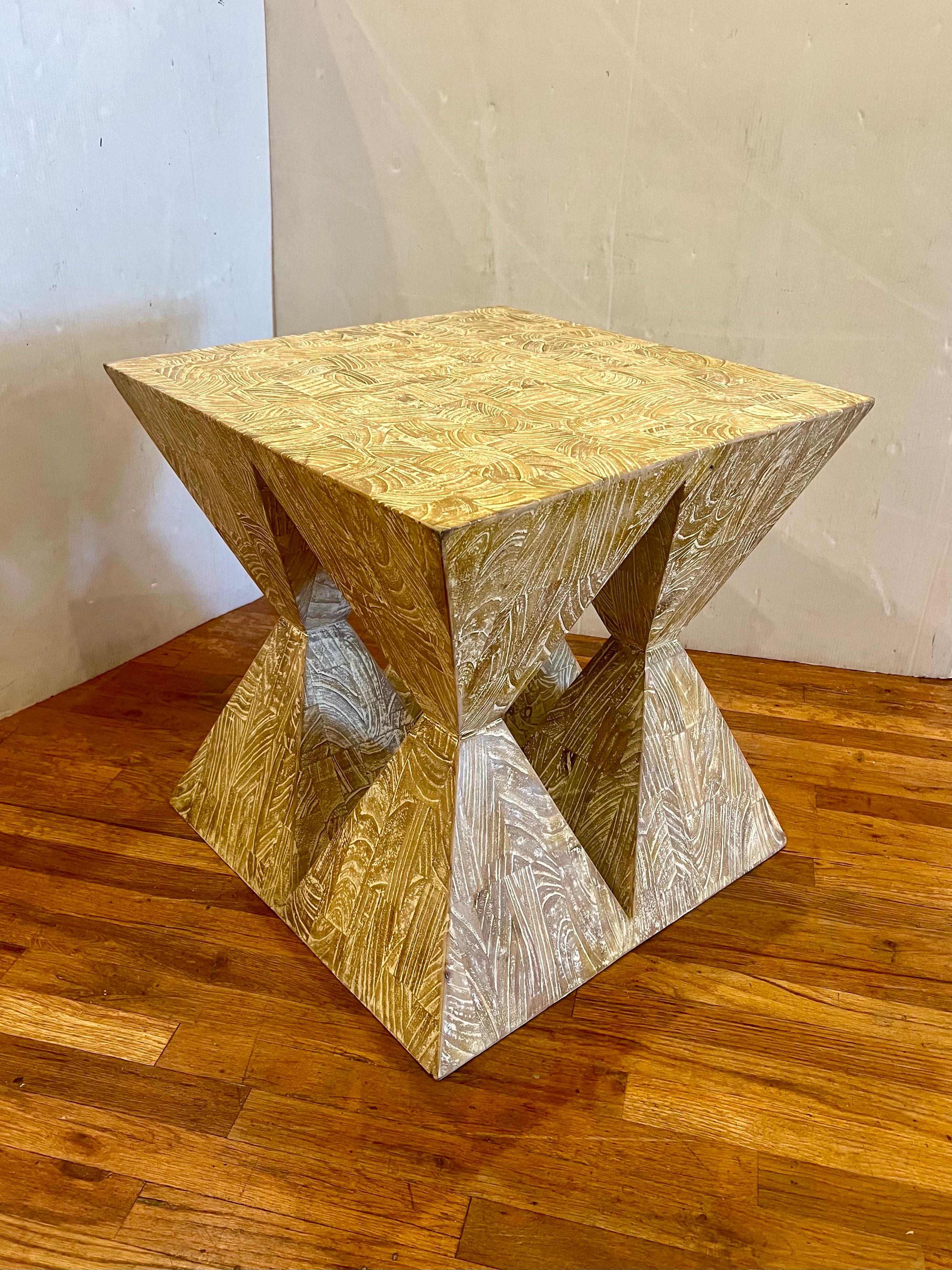 Angular geometric Table pedestal in solid oak white wash finish, great for an end table next to a sofa between 2 chairs, great condition it was ordered for a project and the customer decided to change the idea, massive construction.