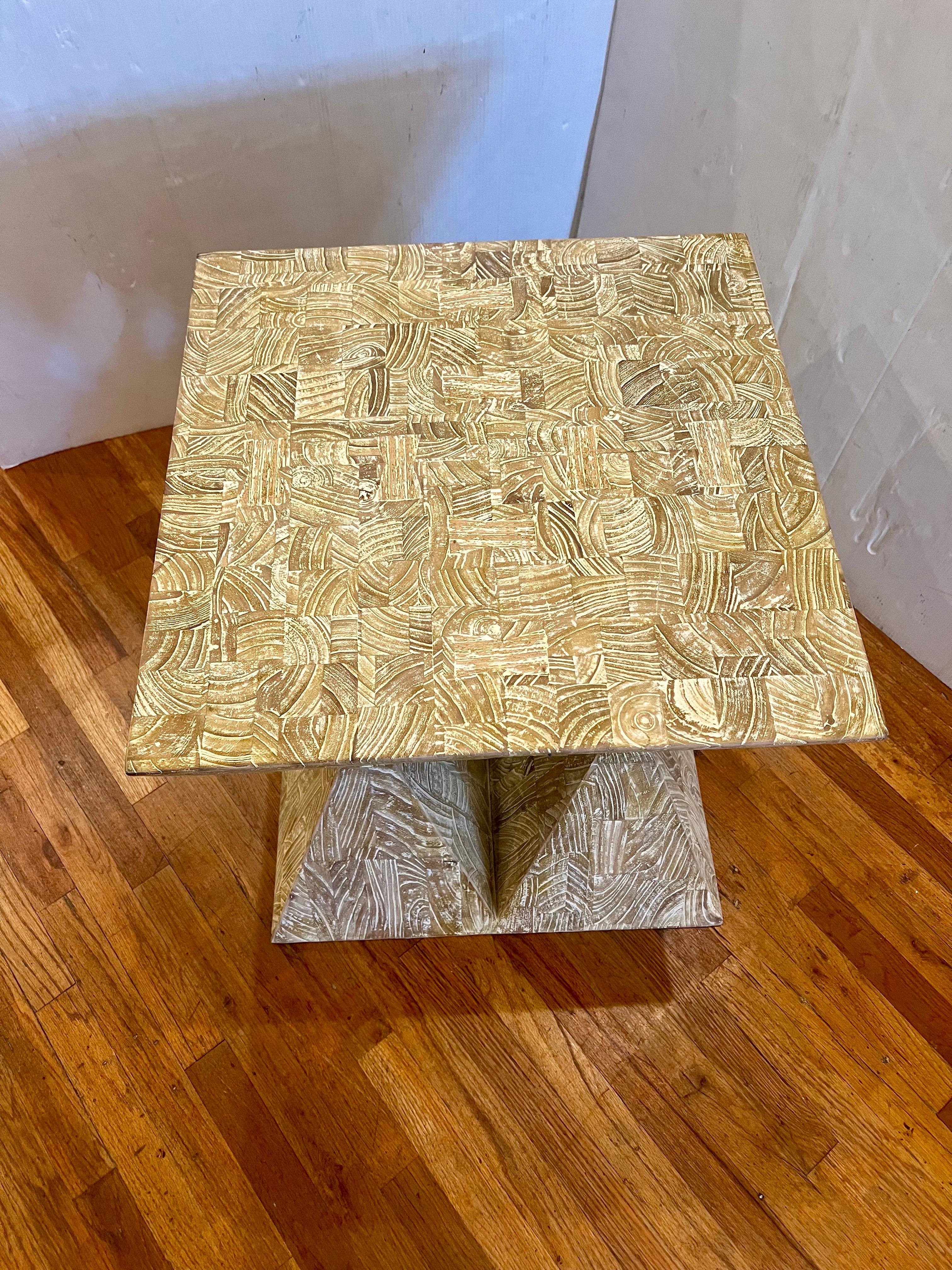 Massive Postmodern White Wash Solid Butcher Block Oak Pedestal Side Table In Excellent Condition For Sale In San Diego, CA