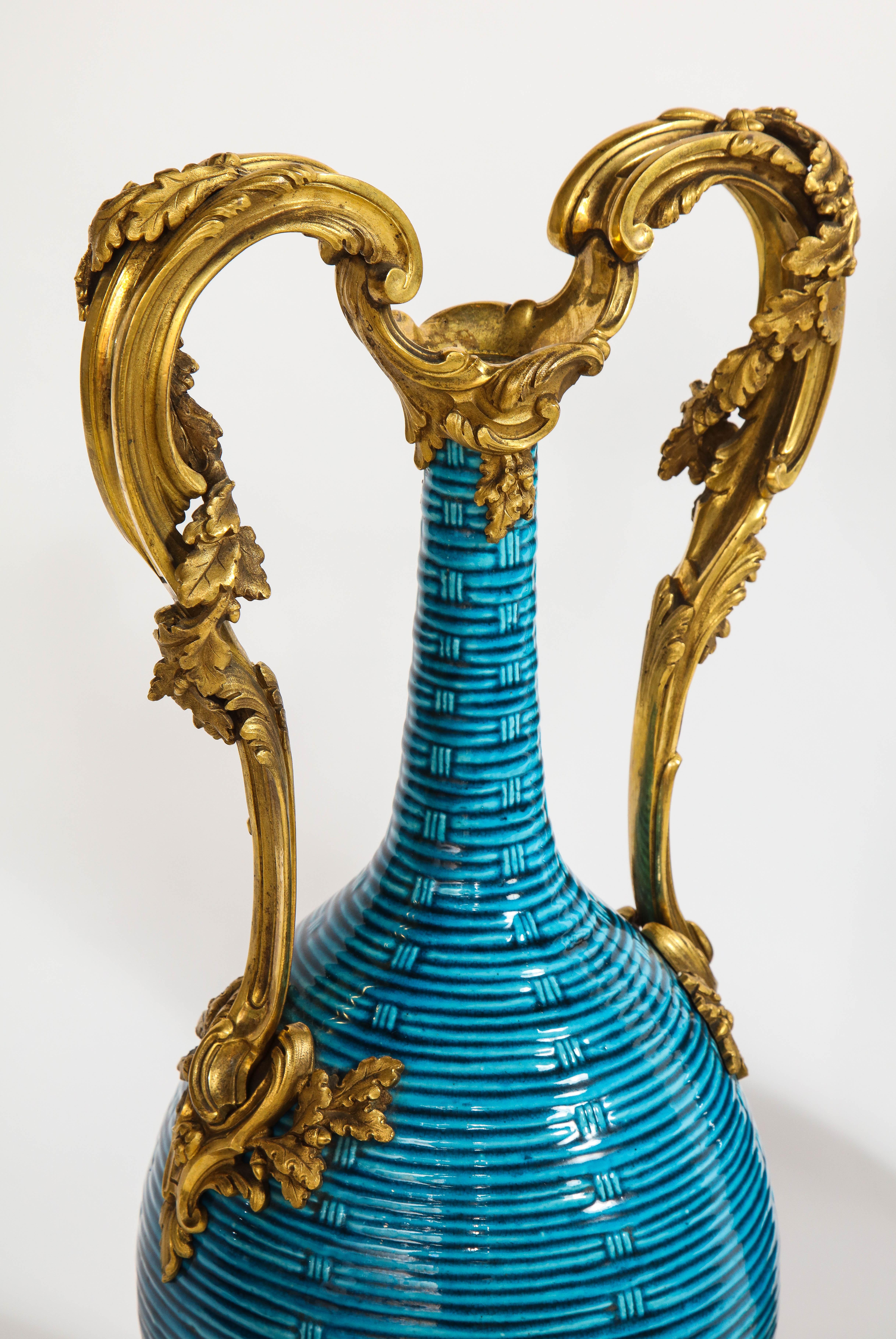 Massive Pair of Chinese Turquoise Porcelain, French Dore Bronze Mounted Vases For Sale 4