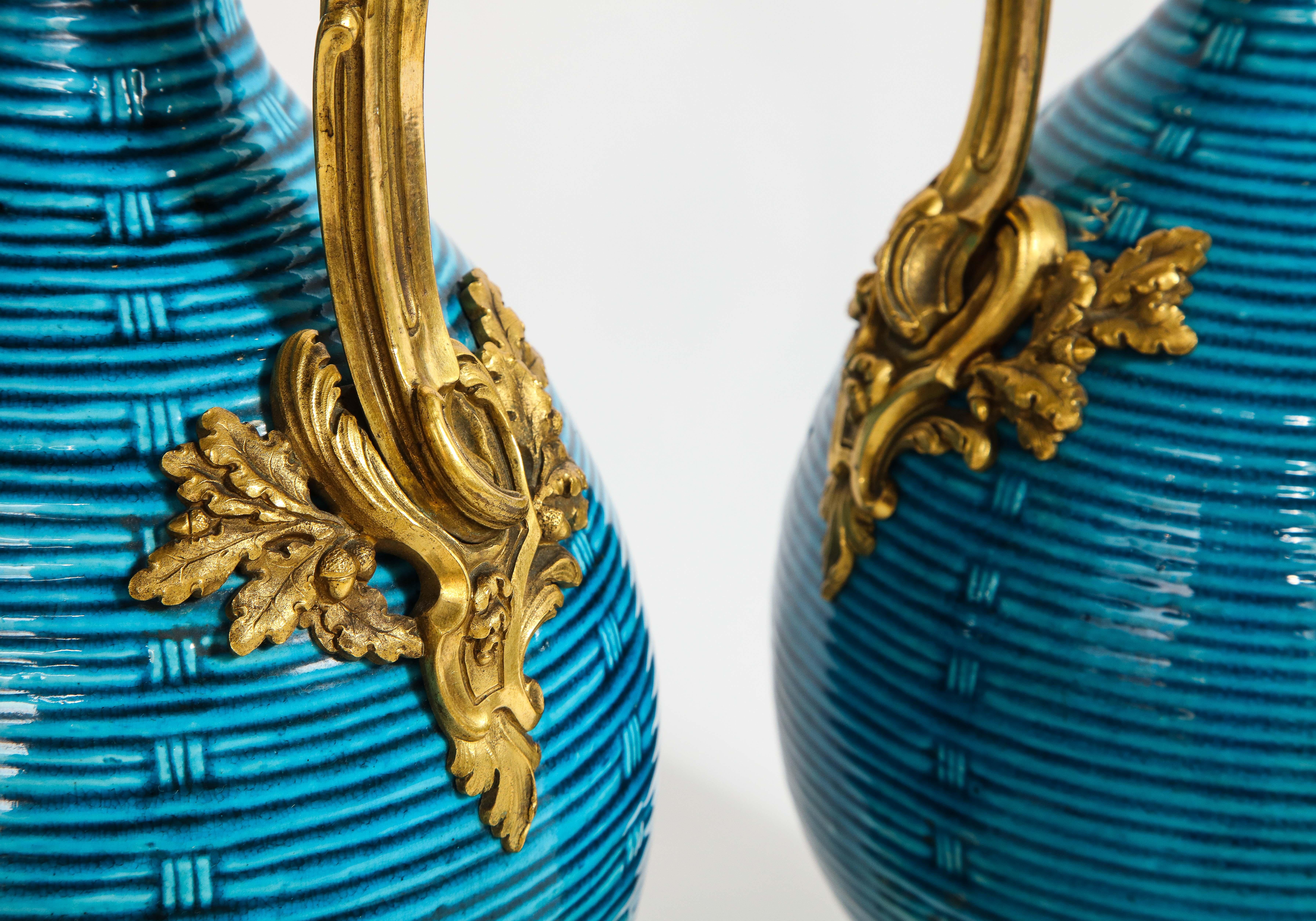 Massive Pair of Chinese Turquoise Porcelain, French Dore Bronze Mounted Vases For Sale 7