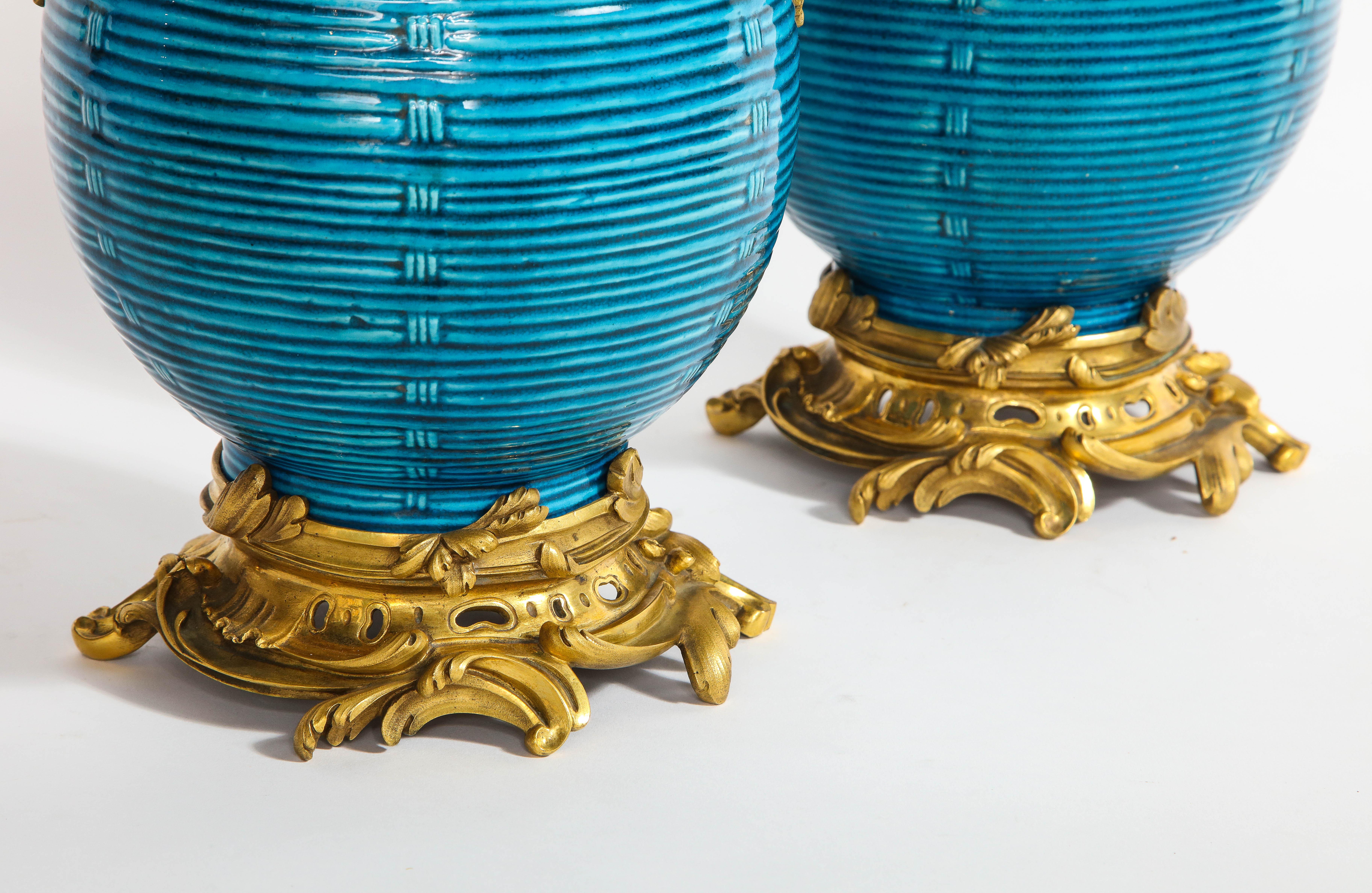 Massive Pair of Chinese Turquoise Porcelain, French Dore Bronze Mounted Vases For Sale 8