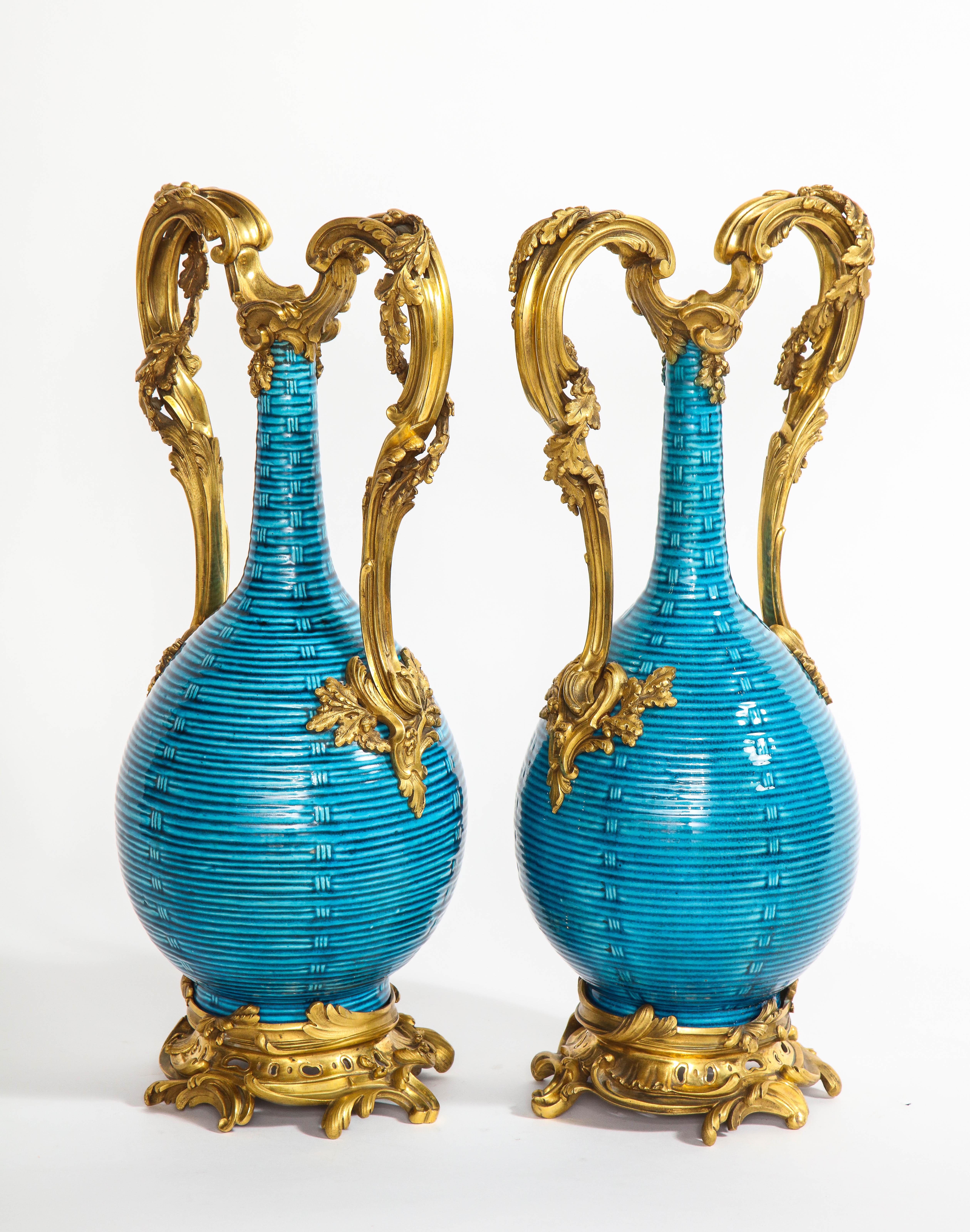Massive Pair of Chinese Turquoise Porcelain, French Dore Bronze Mounted Vases In Good Condition For Sale In New York, NY