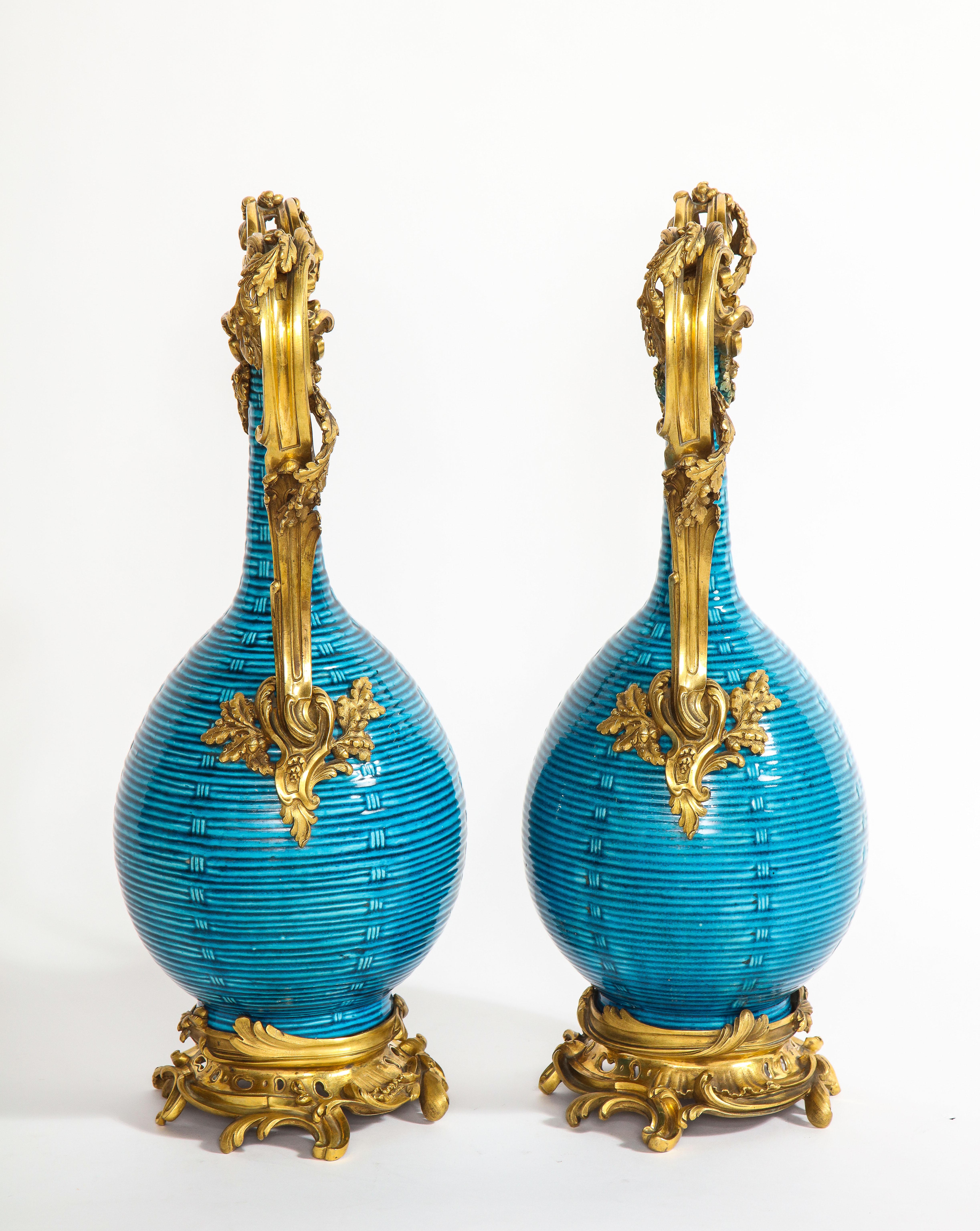 18th Century and Earlier Massive Pair of Chinese Turquoise Porcelain, French Dore Bronze Mounted Vases For Sale