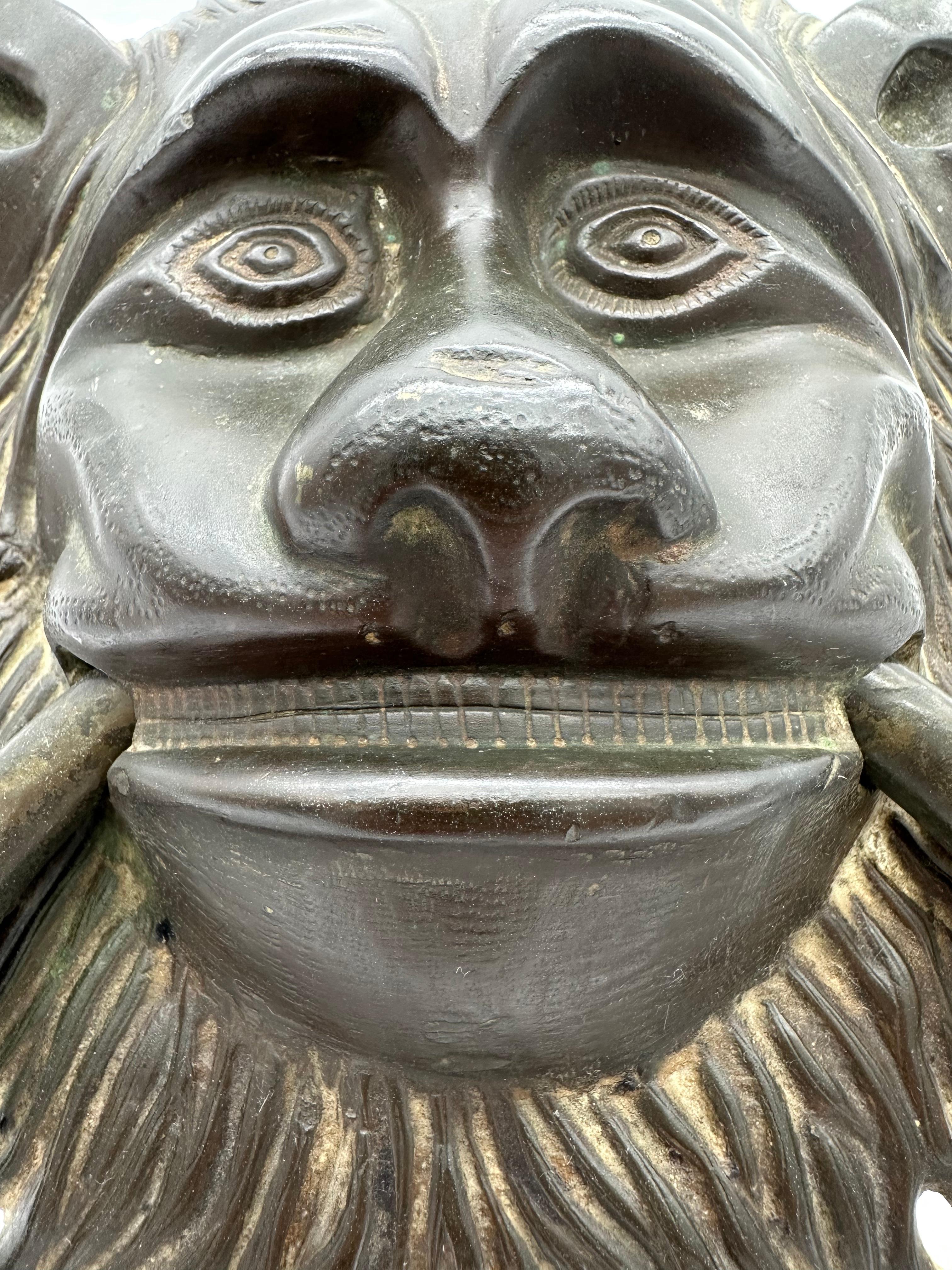 very big and massive bronze door knocker, German or maybe Italian in origin, 16-17th century, amazing green original patina to the face, some scares and dings to the face which gives him a lot more character and can maybe tell us a bit on its