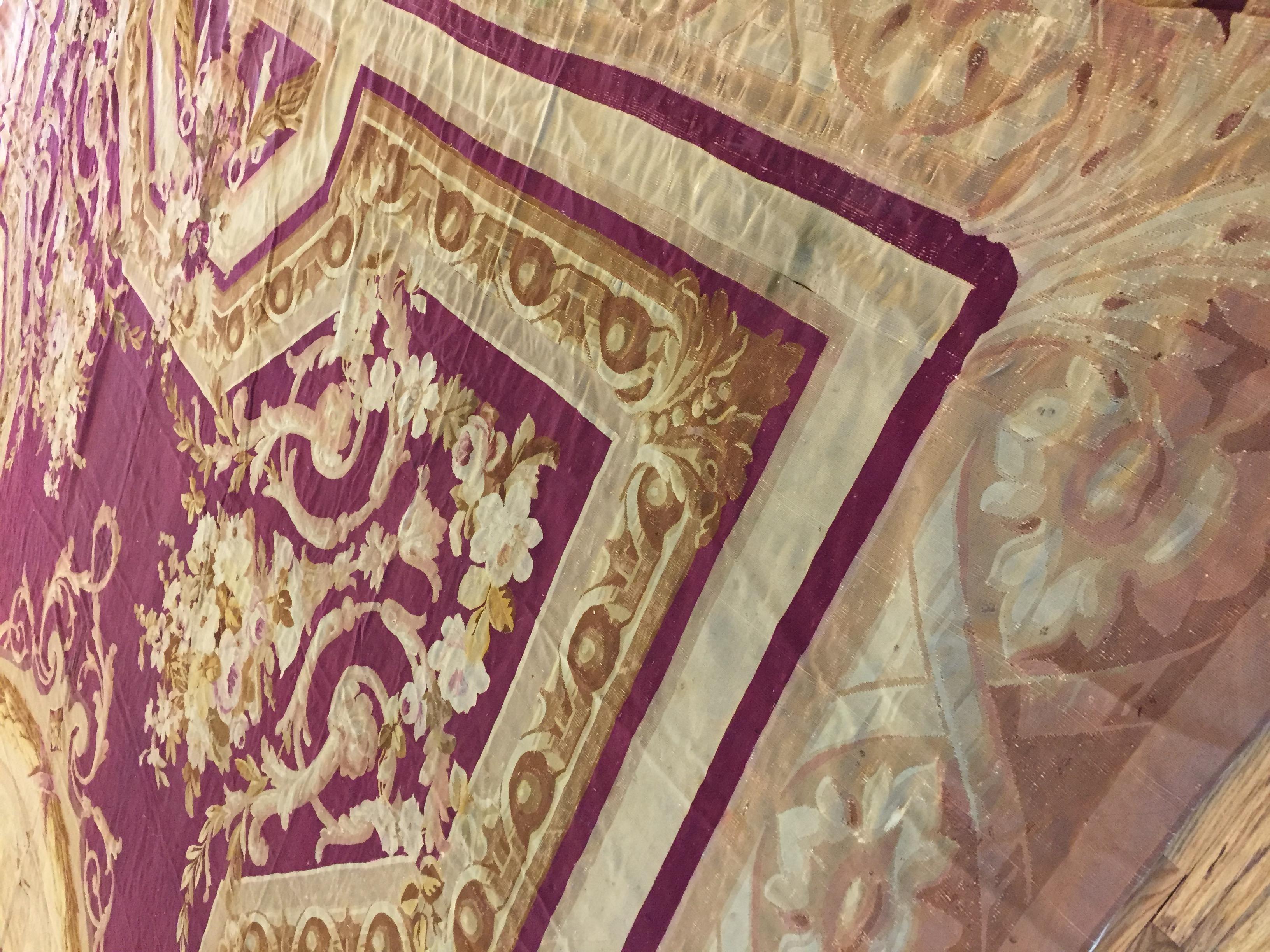 Hand-Woven Massive Red Antique French Palace Size Aubusson Rug 19'9 x 49' For Sale