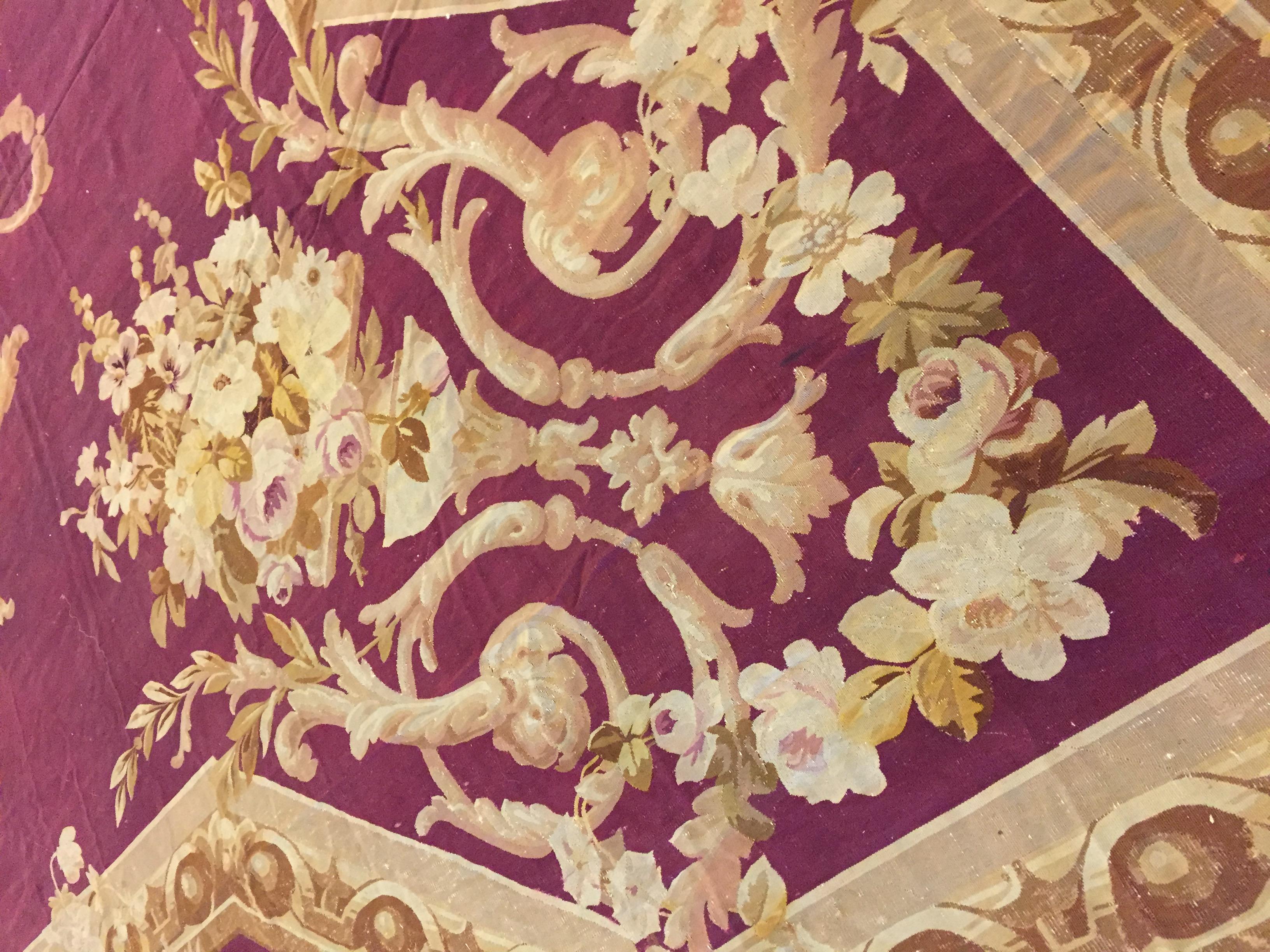 Massive Red Antique French Palace Size Aubusson Rug 19'9 x 49' In Good Condition For Sale In New York, NY