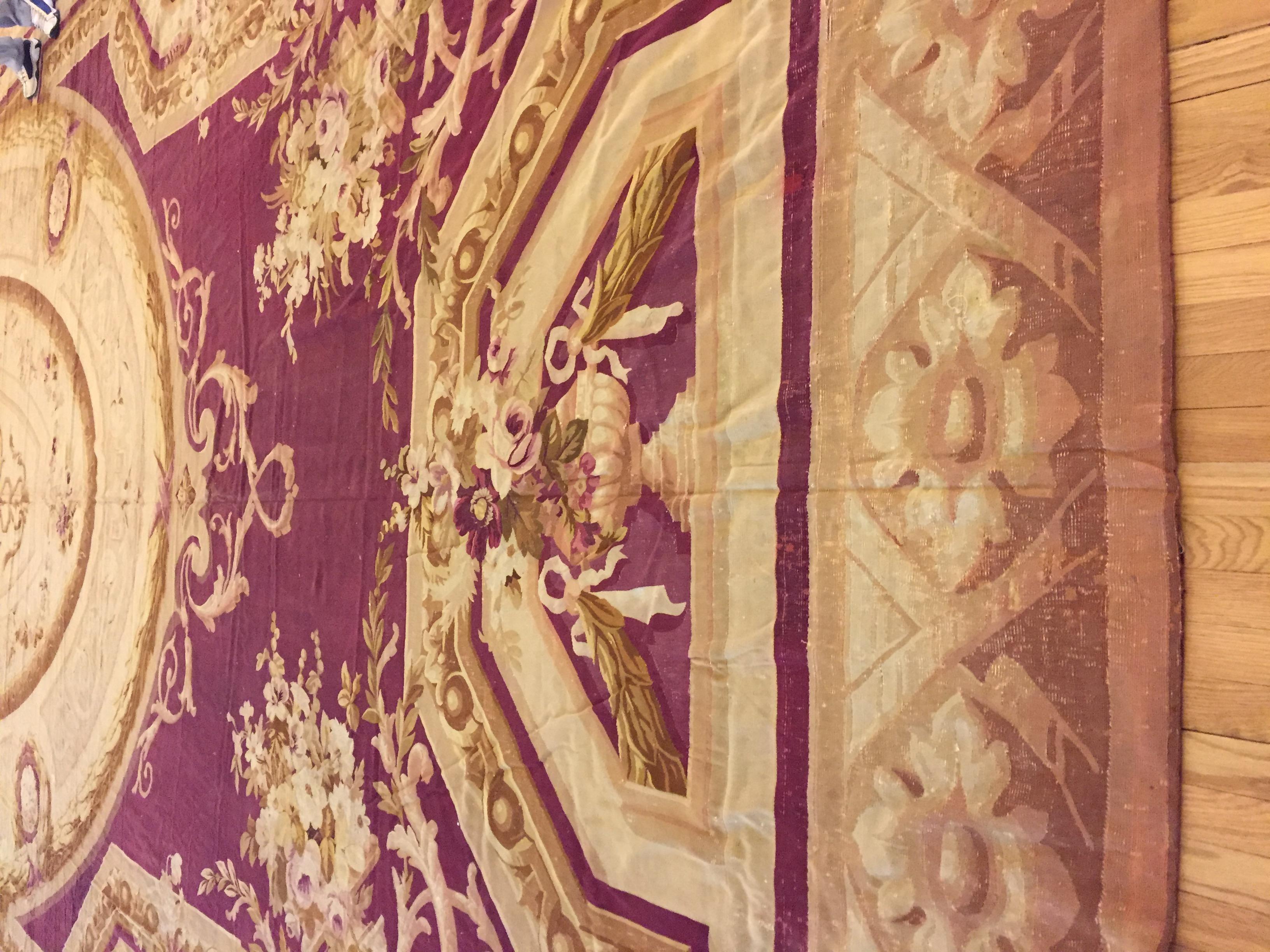 19th Century Massive Red Antique French Palace Size Aubusson Rug 19'9 x 49' For Sale
