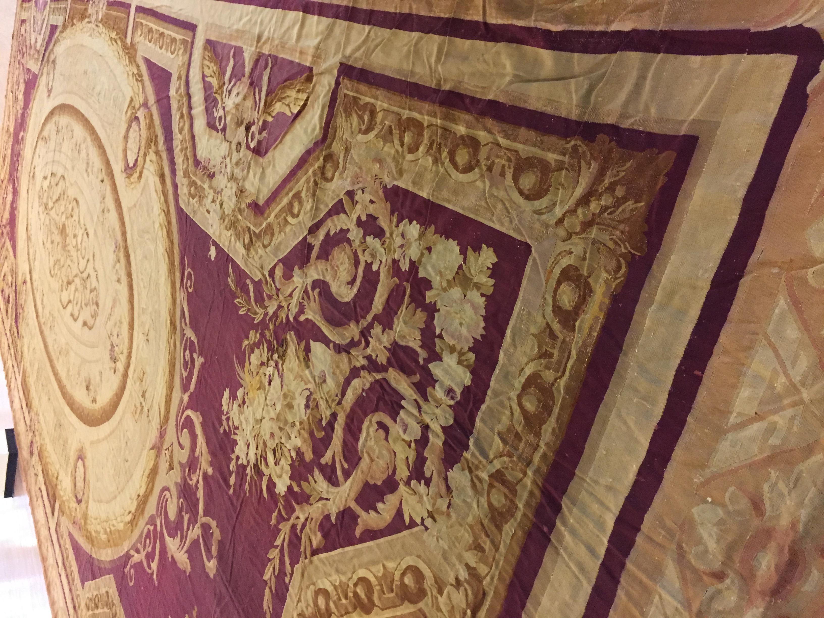 Wool Massive Red Antique French Palace Size Aubusson Rug 19'9 x 49' For Sale