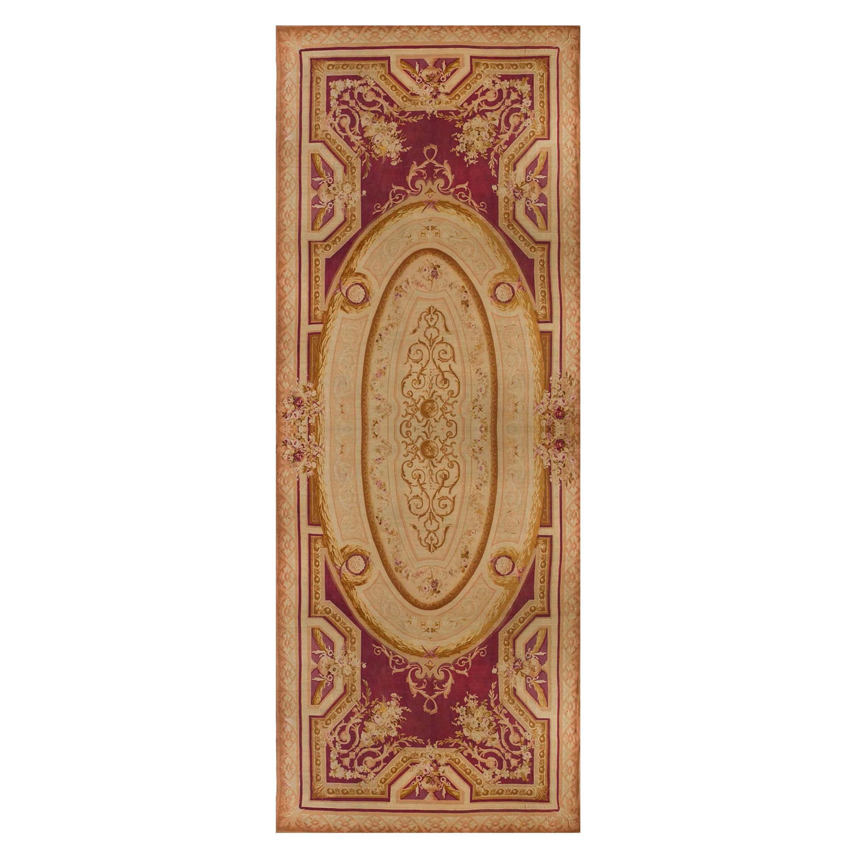 Massive Red Antique French Palace Size Aubusson Rug 19'9 x 49' For Sale