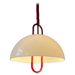 Massive Red Frame Pendant Lamp with White Plexiglass Shade, 1970s