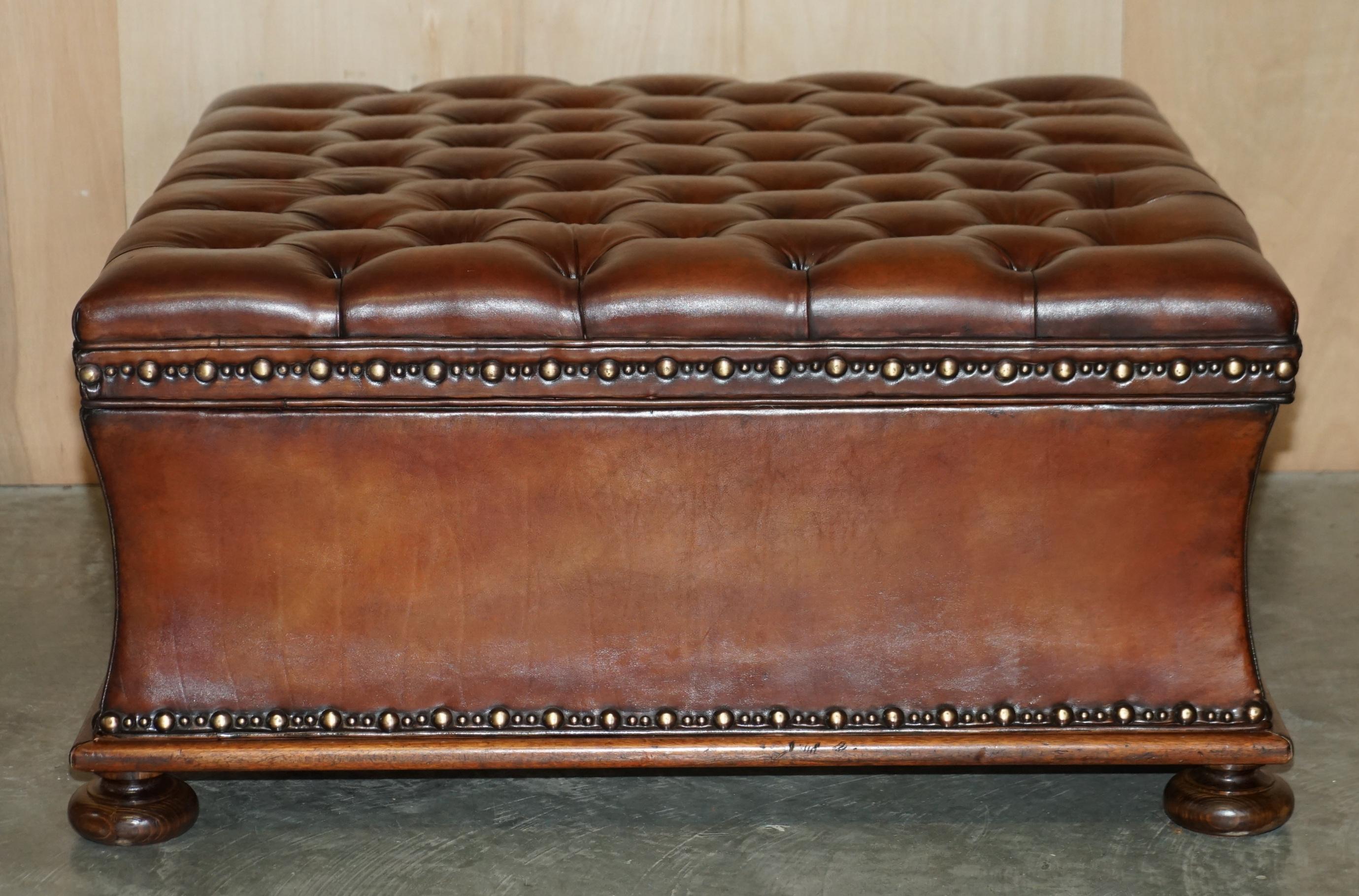 Massive Restored Hand Dyed Cigar Brown Leather Chesterfield Ottoman Footstool 10
