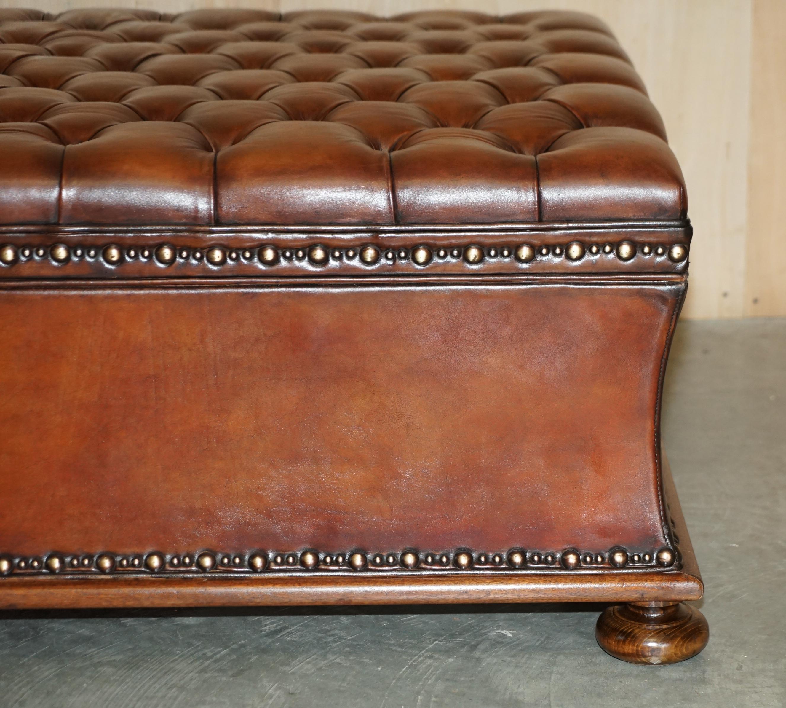 Hand-Crafted Massive Restored Hand Dyed Cigar Brown Leather Chesterfield Ottoman Footstool