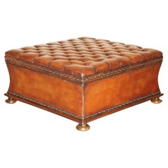 Massive Restored Hand Dyed Cigar Brown Leather Chesterfield Ottoman Footstool
