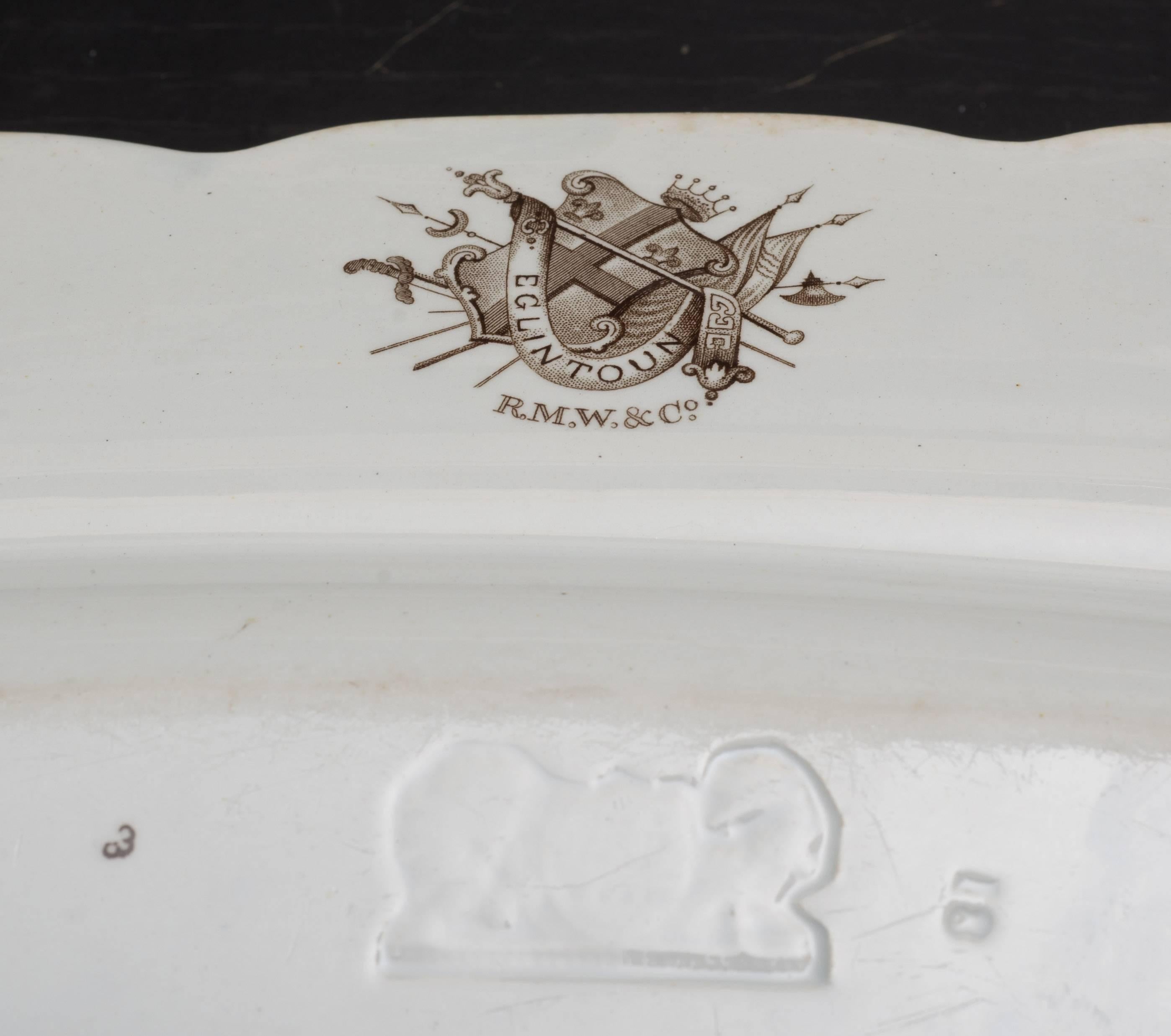 Rare Eglinton tournament ironstone plate by Ridgway, Morley, Wear and Co., Broad Street, Shelton, Hanley, Staffordshire (1836-1842) Transfer printed with a continuous band of fleur-de-lys, circa 1839-1840. Printed with a collection of medieval arms,