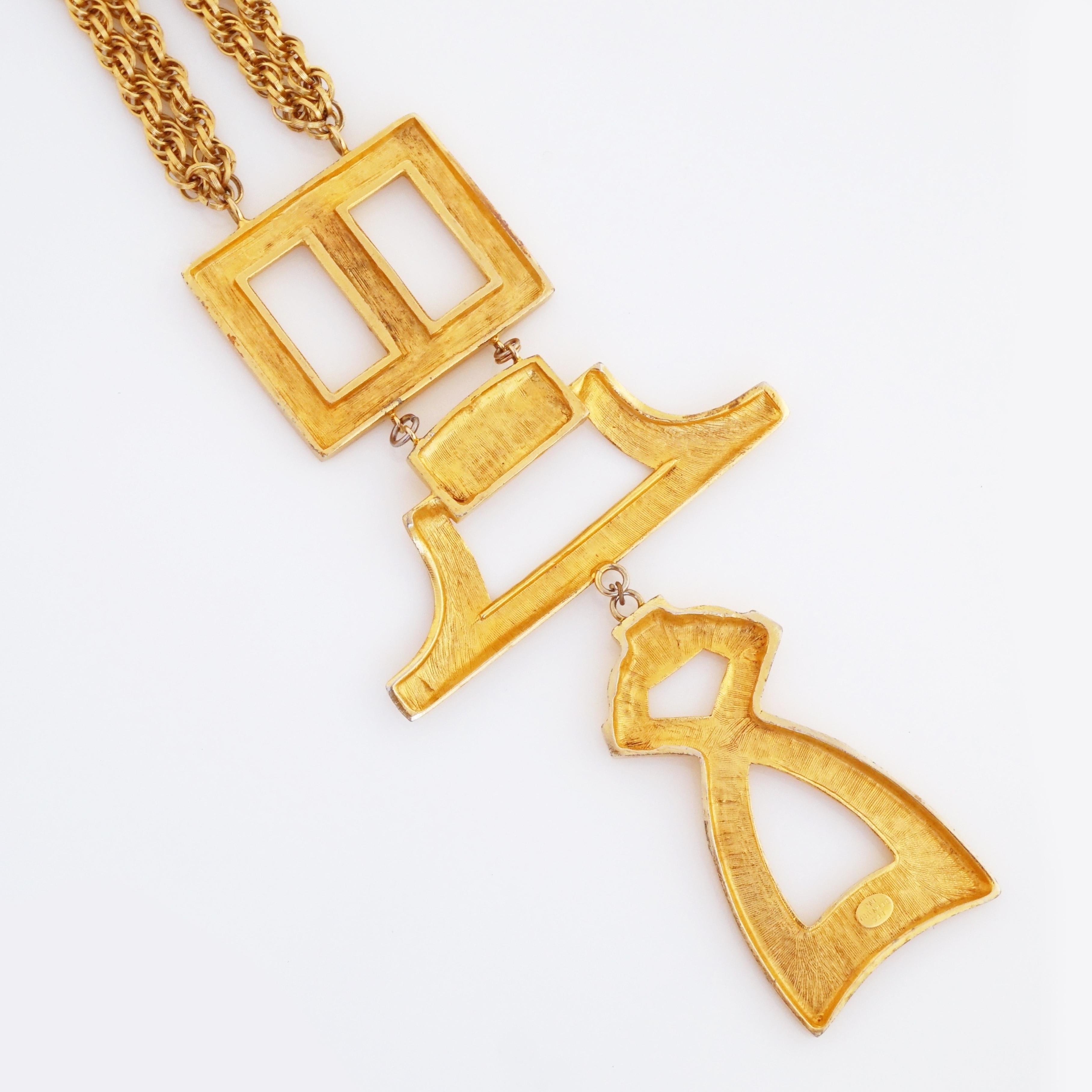 Massive Runway Gilt Modernist Character Statement Necklace By Les Bernard, 1980s In Good Condition For Sale In McKinney, TX
