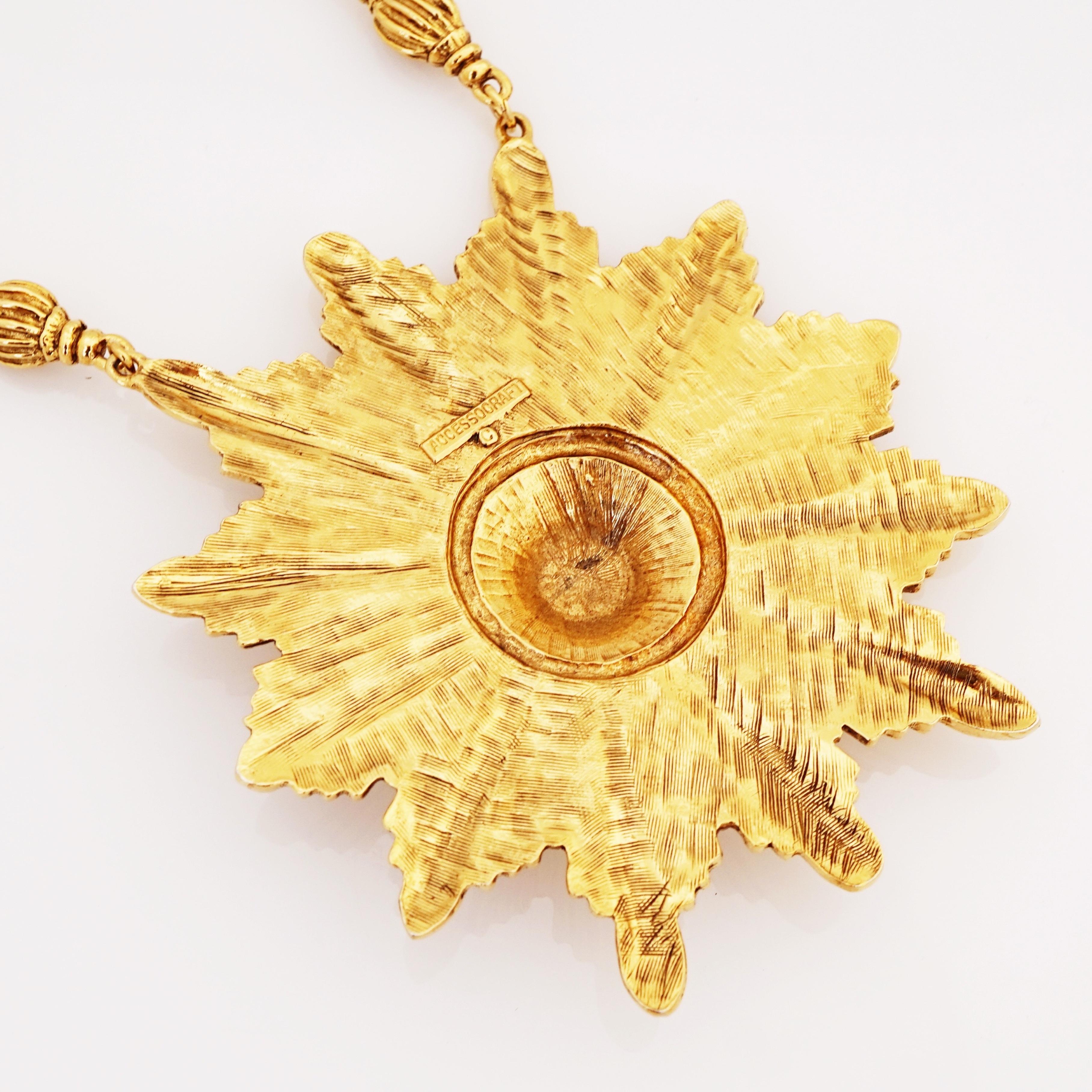 Modern Massive Runway Gold Sunburst Pendant Necklace By Accessocraft, 1960s