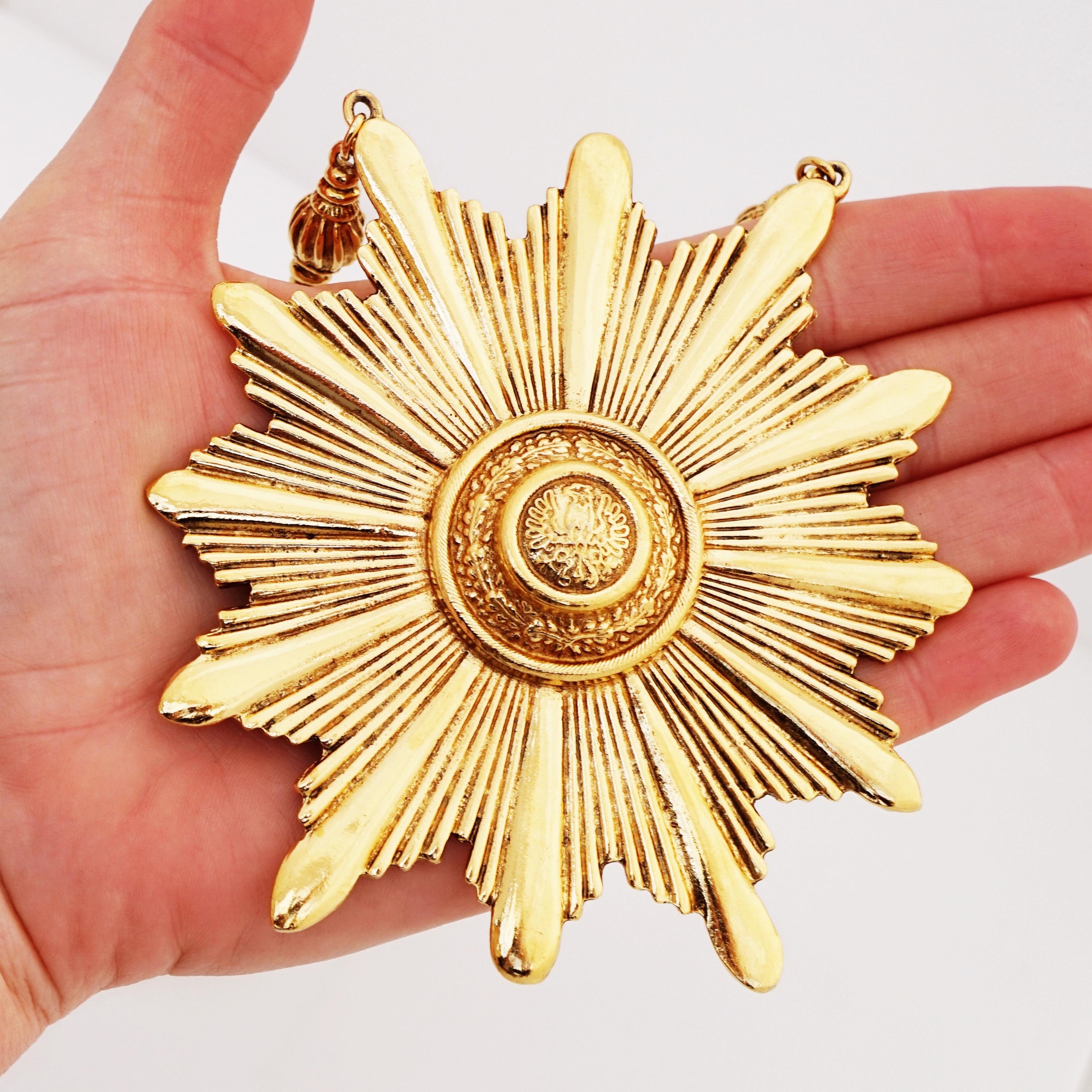 Massive Runway Gold Sunburst Pendant Necklace By Accessocraft, 1960s 1