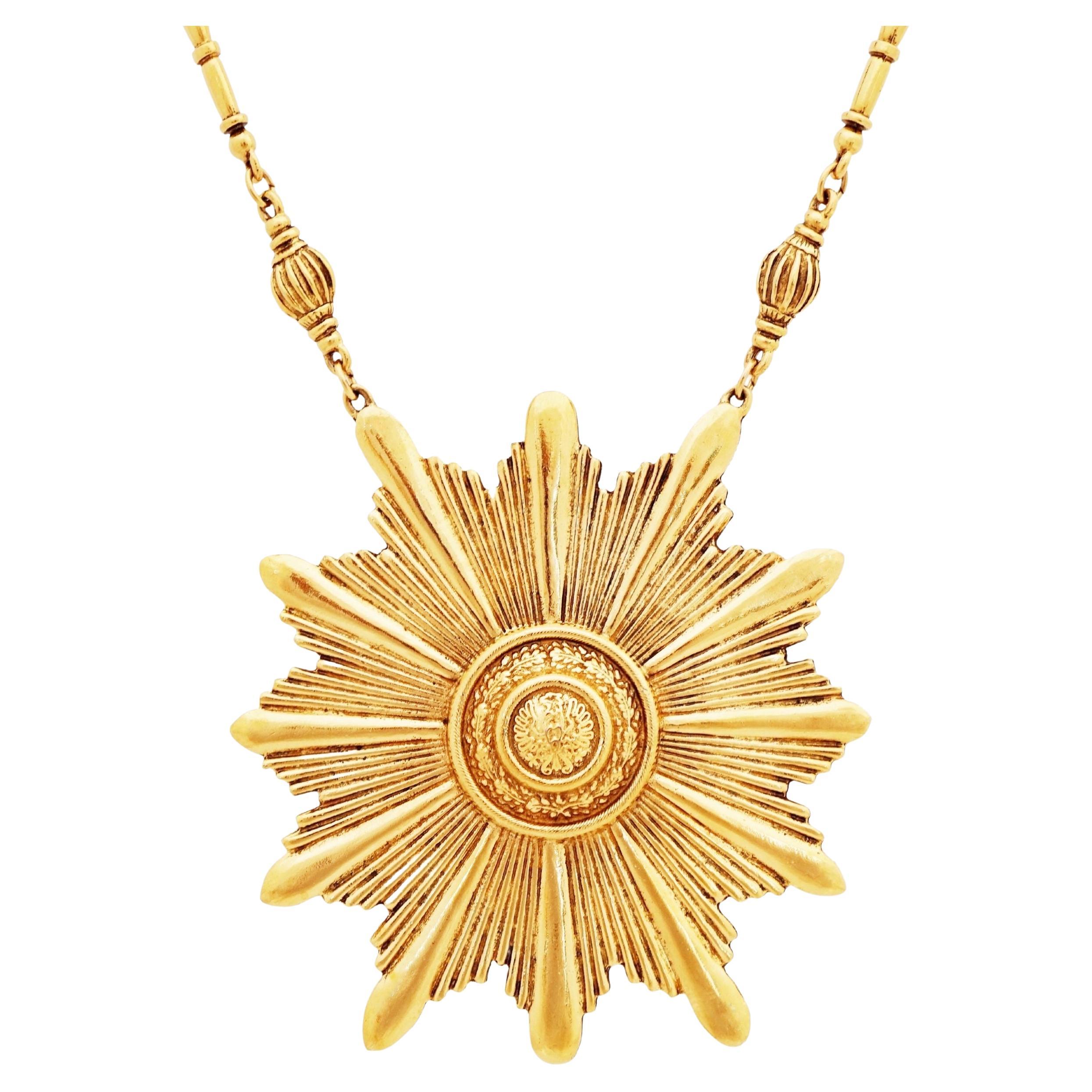 Massive Runway Gold Sunburst Pendant Necklace By Accessocraft, 1960s