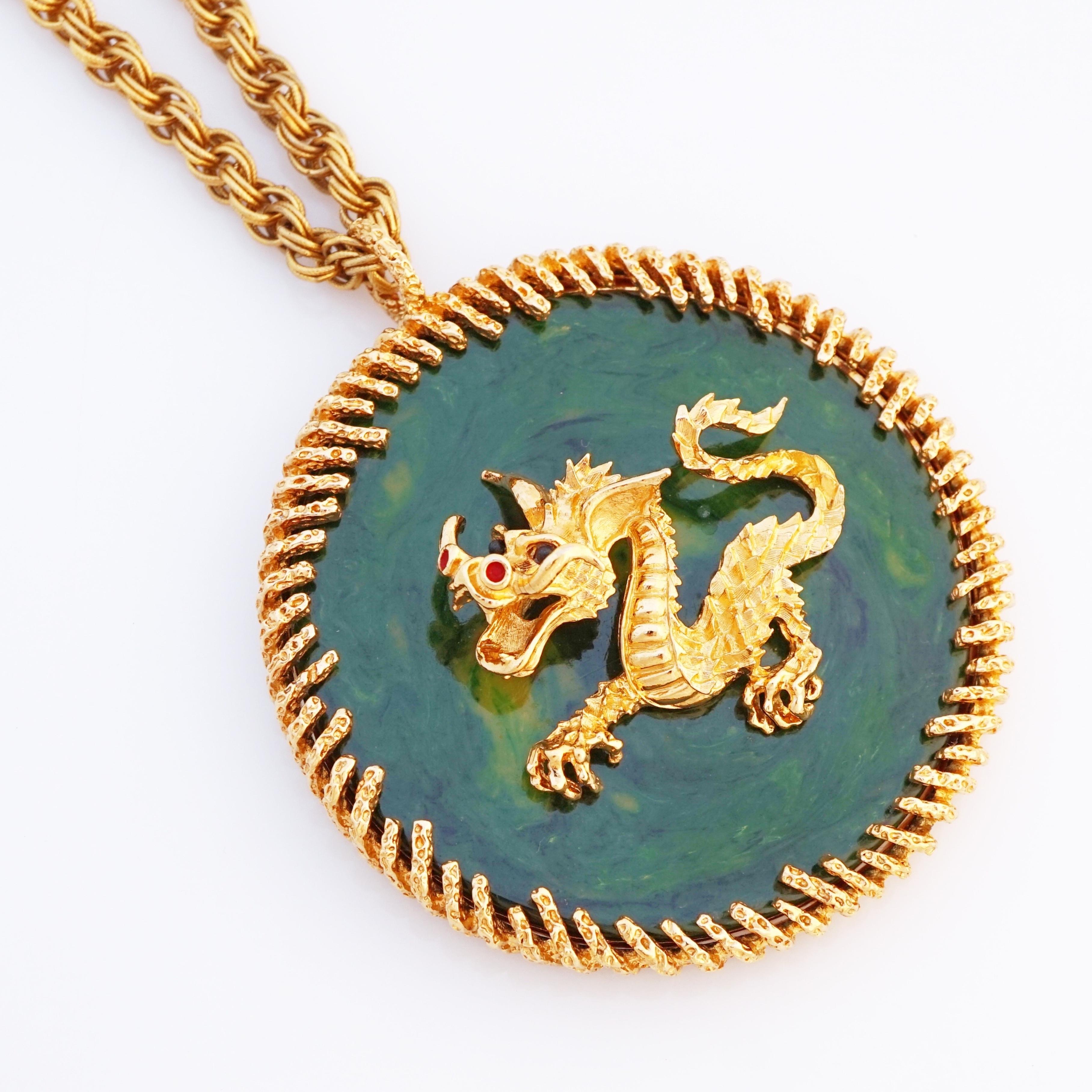 Modern Massive Runway Jade Resin Dragon Pendant Necklace By Panetta, 1970s For Sale