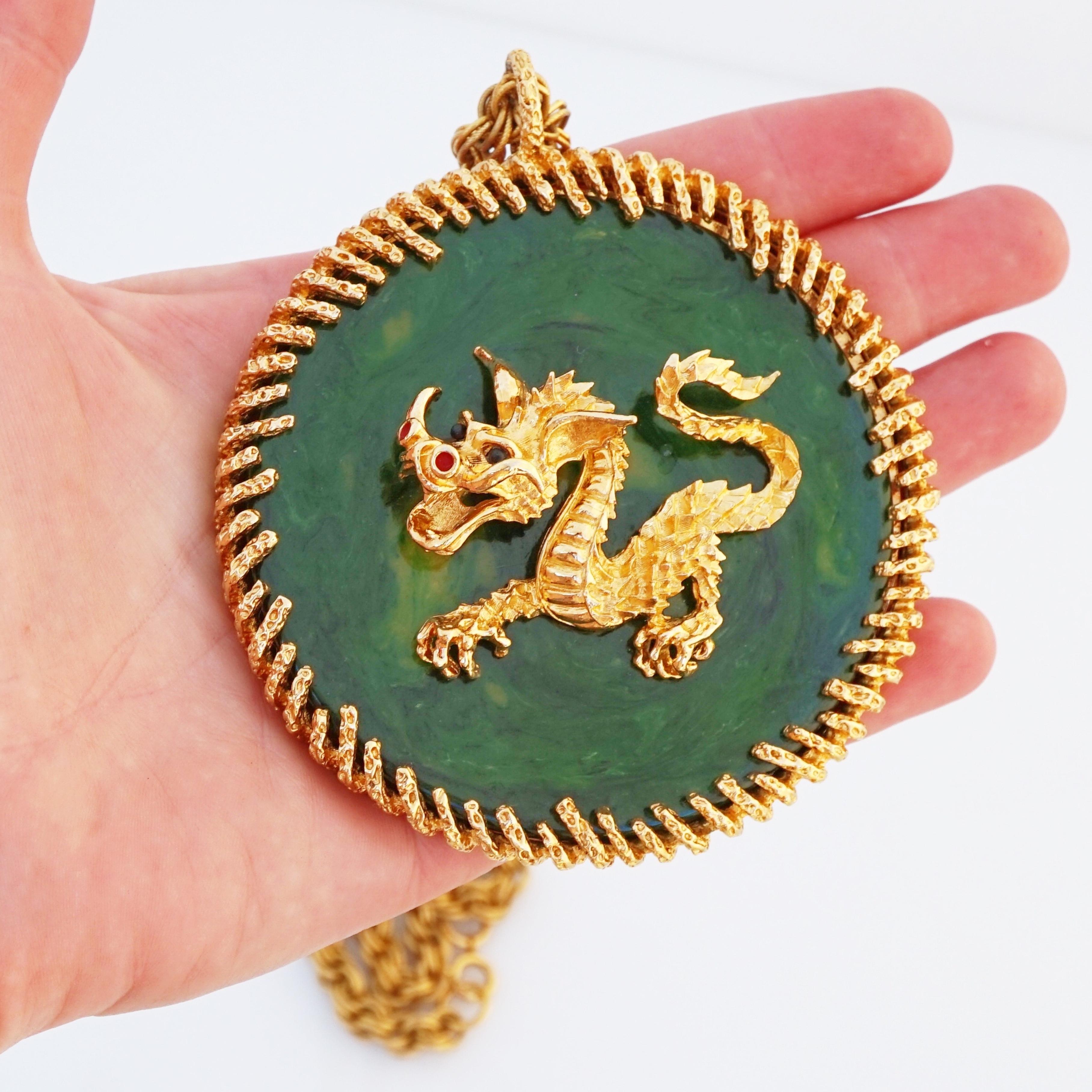 Massive Runway Jade Resin Dragon Pendant Necklace By Panetta, 1970s For Sale 3