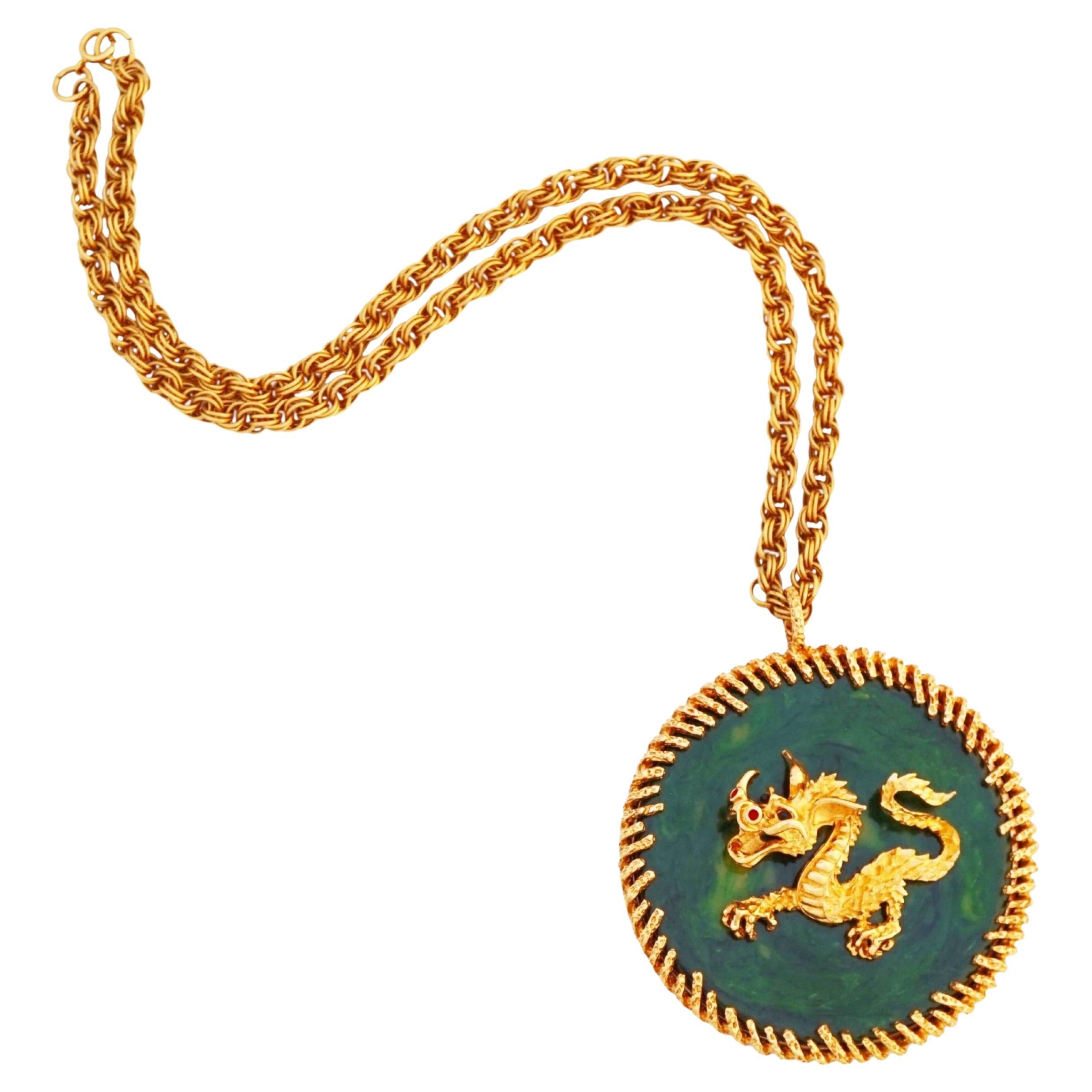 Massive Runway Jade Resin Dragon Pendant Necklace By Panetta, 1970s For Sale