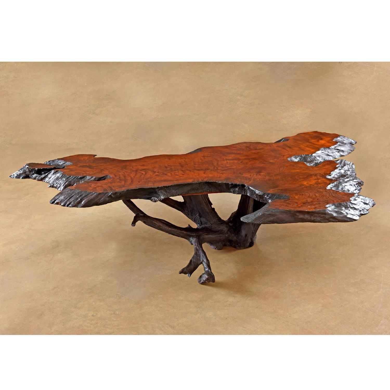 Massive, spectacular vintage live-edge cross section slab coffee table. The amorphic freeform table has been restored with several new hand buffed coats of satin poly-oil finish. The edges are raw, unaltered by man. The rugged, natural, material has