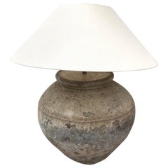 Massive Rustic Cambodian Water Jar Lamp with Custom Linen Shade