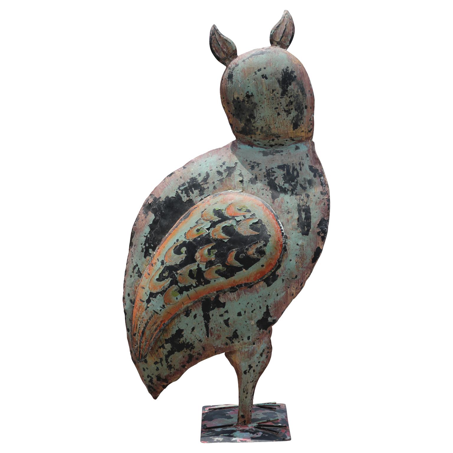 Massive Rustic Folk Art Painted Patina Tin Owl Sculpture with Wooden Base 1