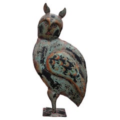 Massive Rustic Folk Art Painted Patina Tin Owl Sculpture with Wooden Base