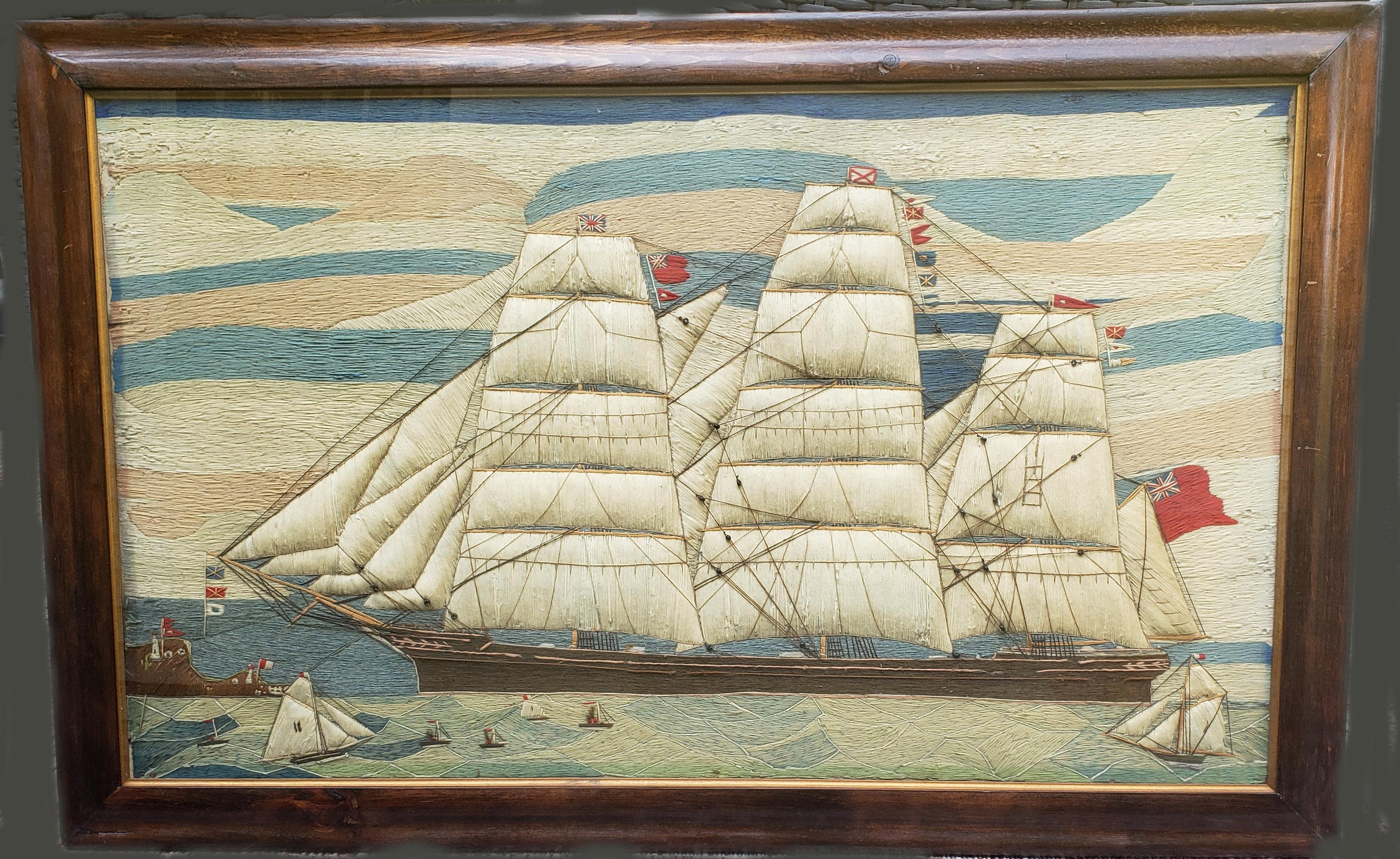 Massive sailor's woolwork of a British Merchant Navy clipper ship coming into port,
circa 1870
(NY9390-Urrr)

The massive sailor's woolwork or woolie depicts a fully-rigged three-masted Merchant Navy Clipper passing a signal station coming into
