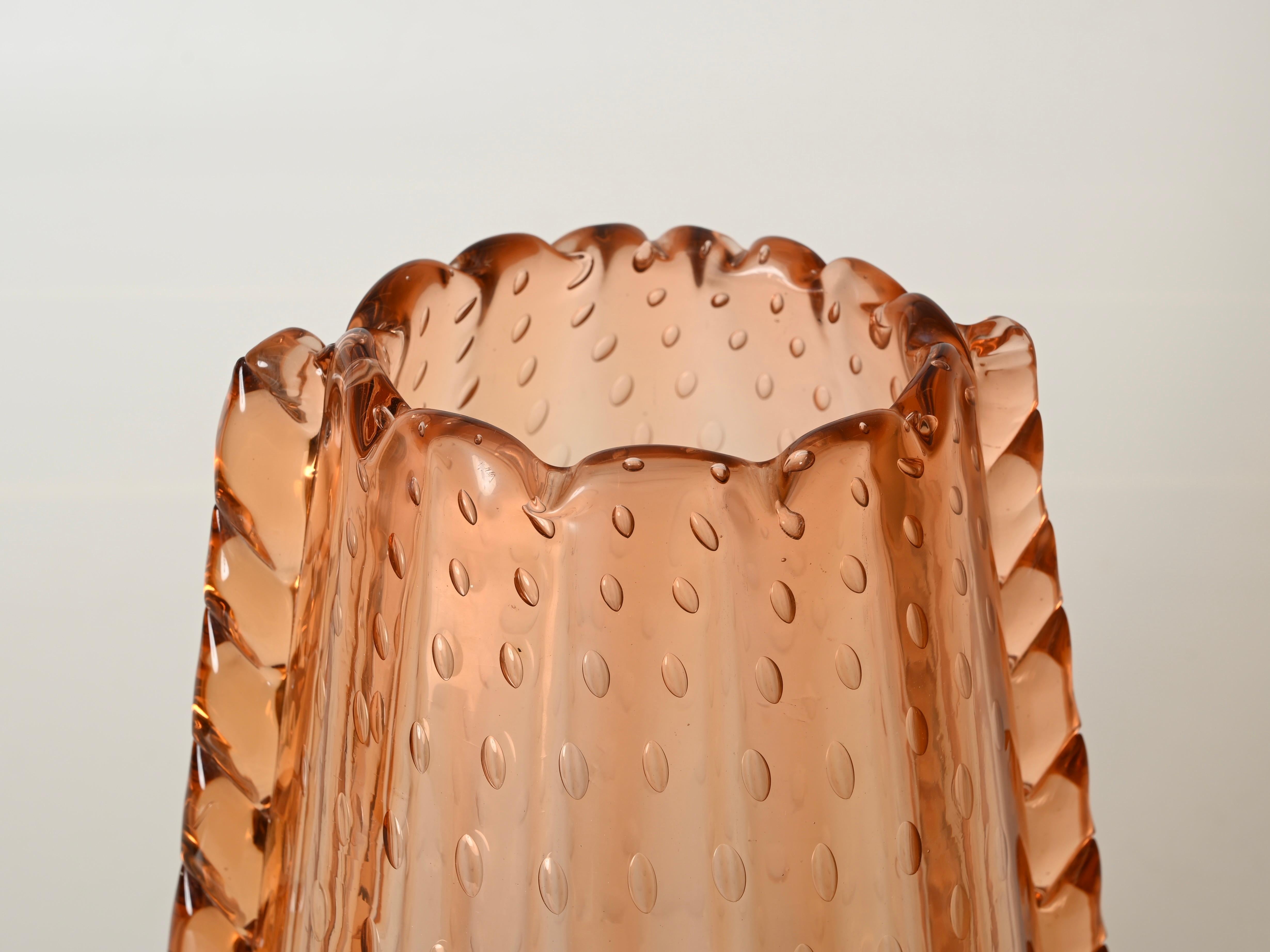 Gran jarrón salmón de cristal soplado de Murano 