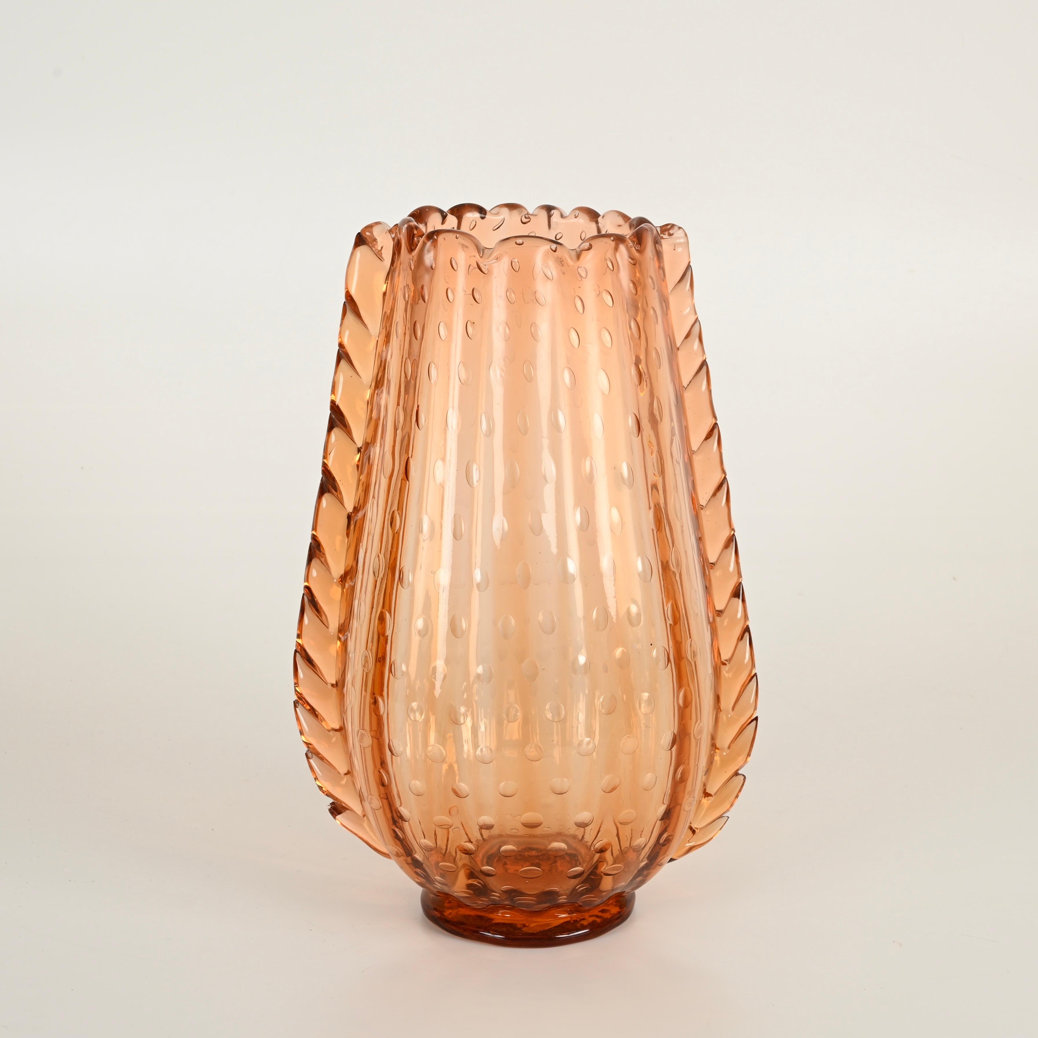 Gran jarrón salmón de cristal soplado de Murano 