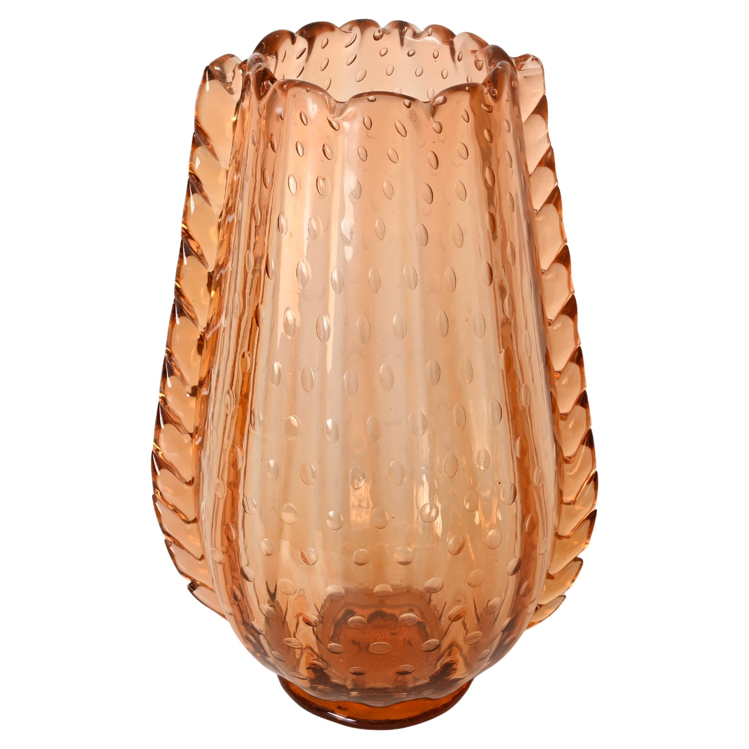 Massive Salmon Murano "Bullicante" Blown Glass Vase by Barovier, Italy 1950s