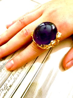 Seaman Schepps Modernist 1970s 18K Gold 45 TCW Cabochon Amethyst Ring