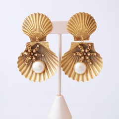 Massive Seashell Drop Earrings With Faux Pearl By Joseff of Hollywood, 1960s