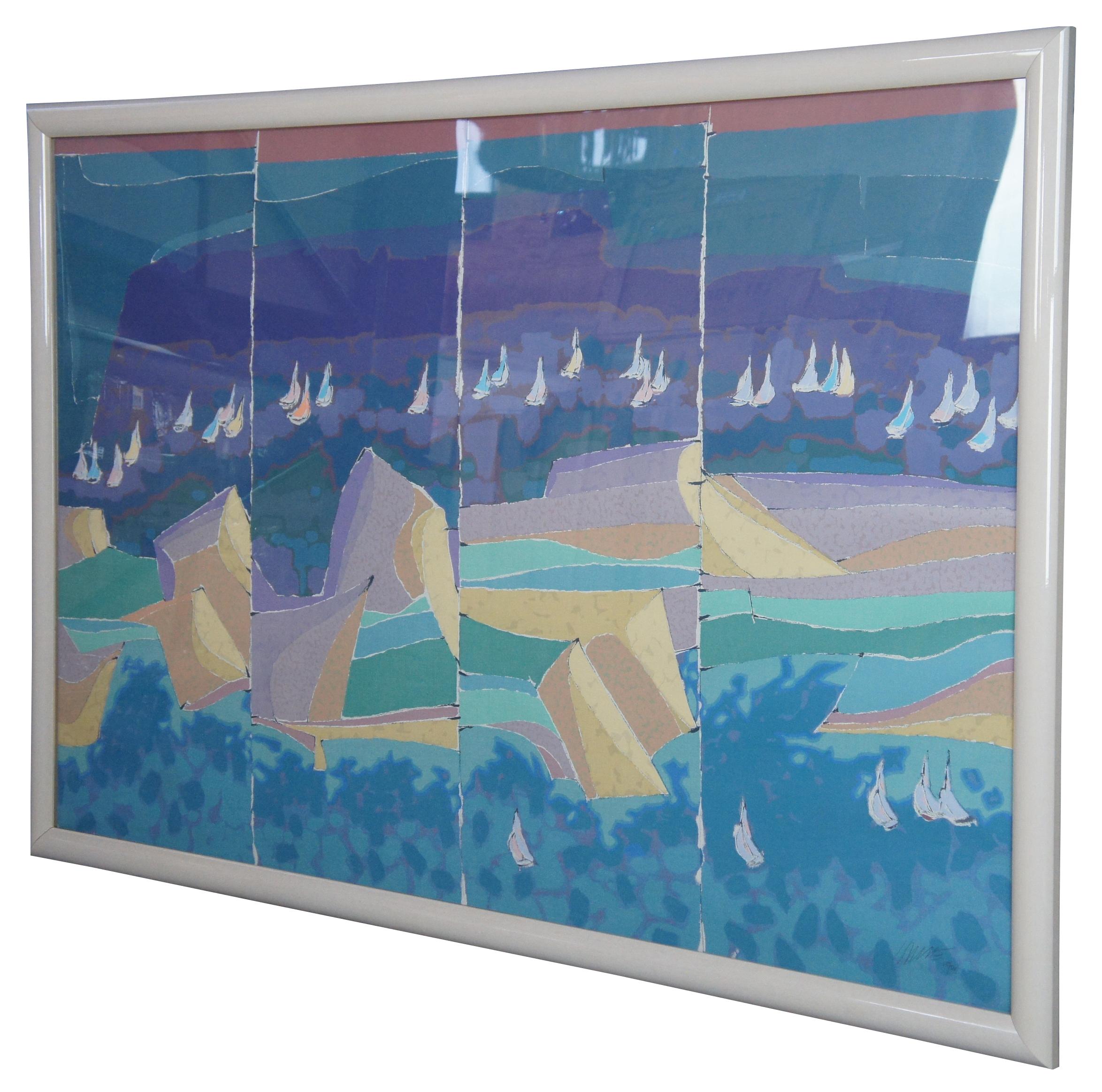 Massive abstract quadriptych lithograph print. Signed by the artist lower right, featuring abstract seascape of sailboats, ocean, waves and sand. Edition of 137 of 300.
 