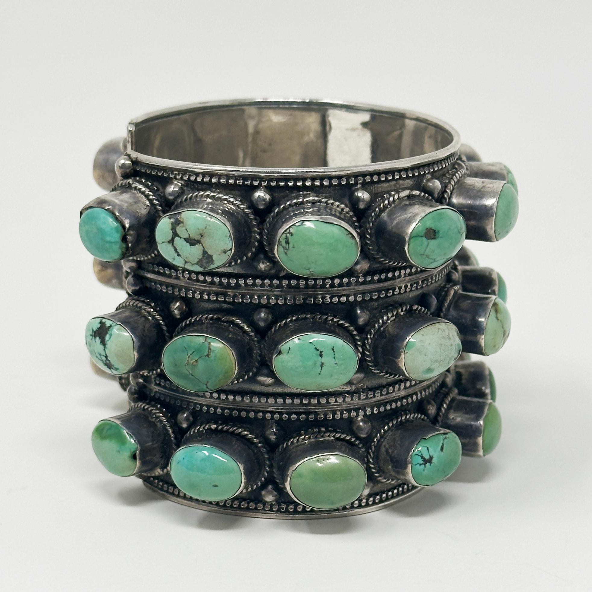 Artisan Massive Silver and Turquoise Studded Cuff, Nepal For Sale