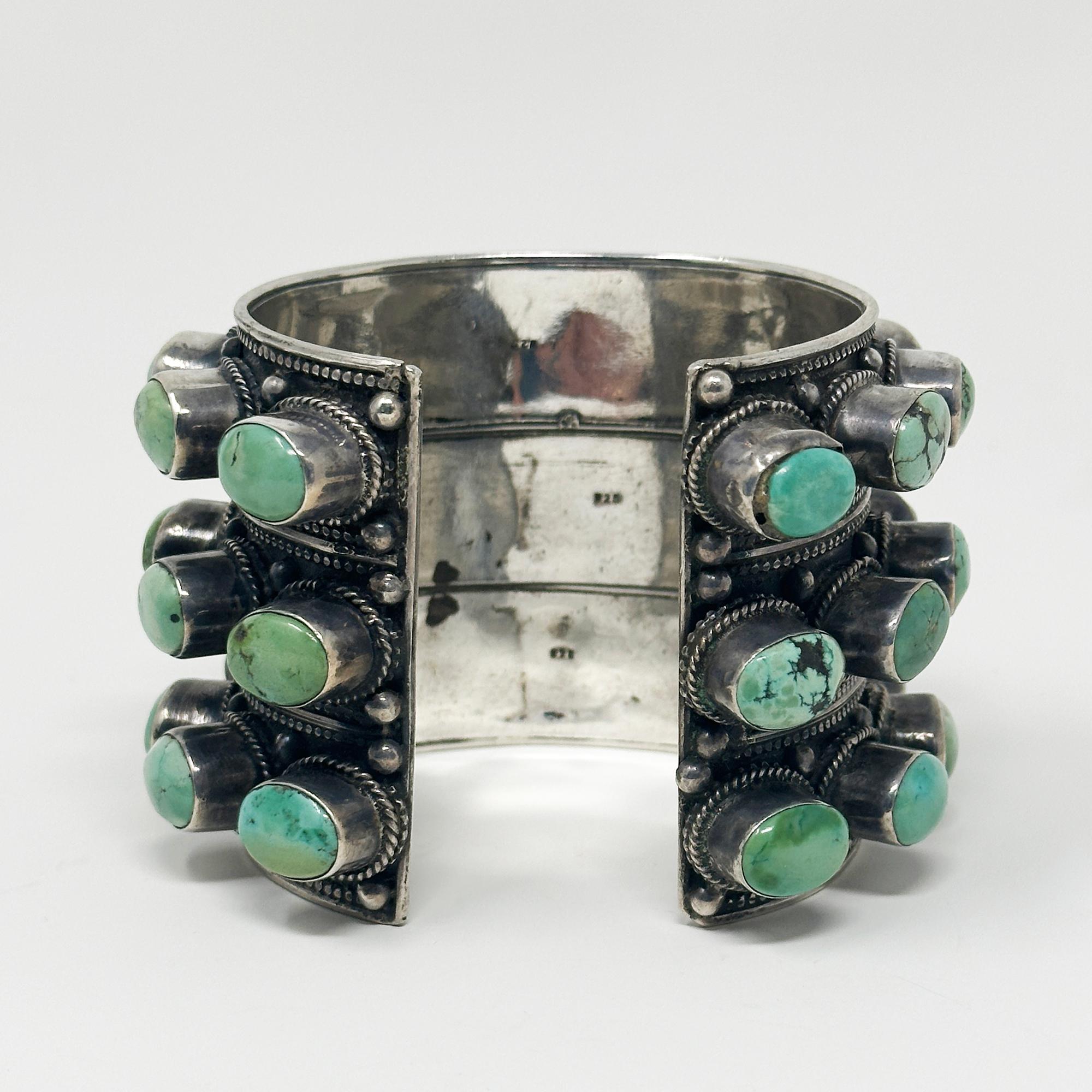 Cabochon Massive Silver and Turquoise Studded Cuff, Nepal For Sale