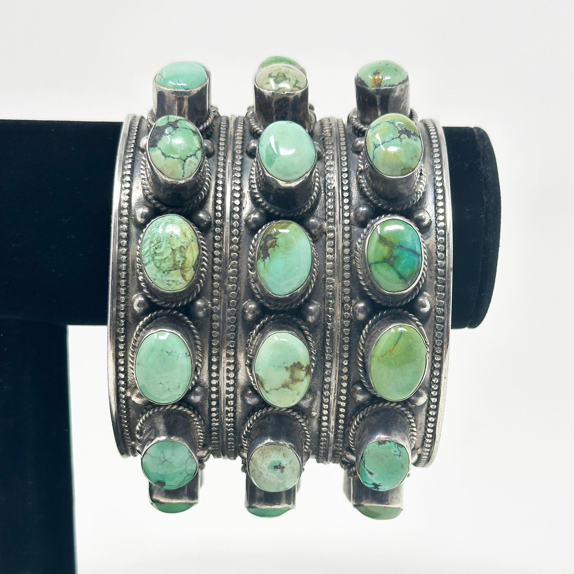Women's or Men's Massive Silver and Turquoise Studded Cuff, Nepal For Sale