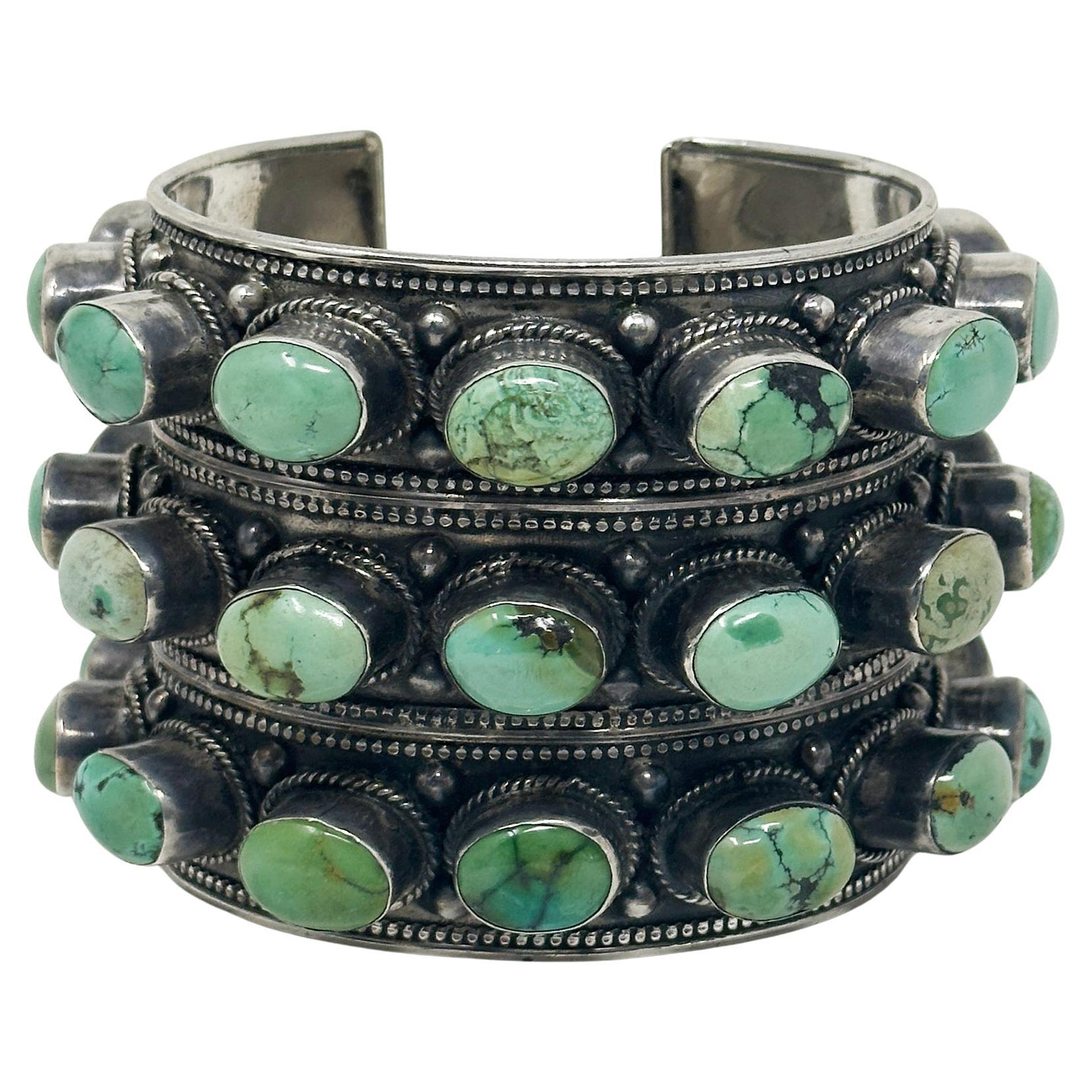 Massive Silver and Turquoise Studded Cuff, Nepal For Sale