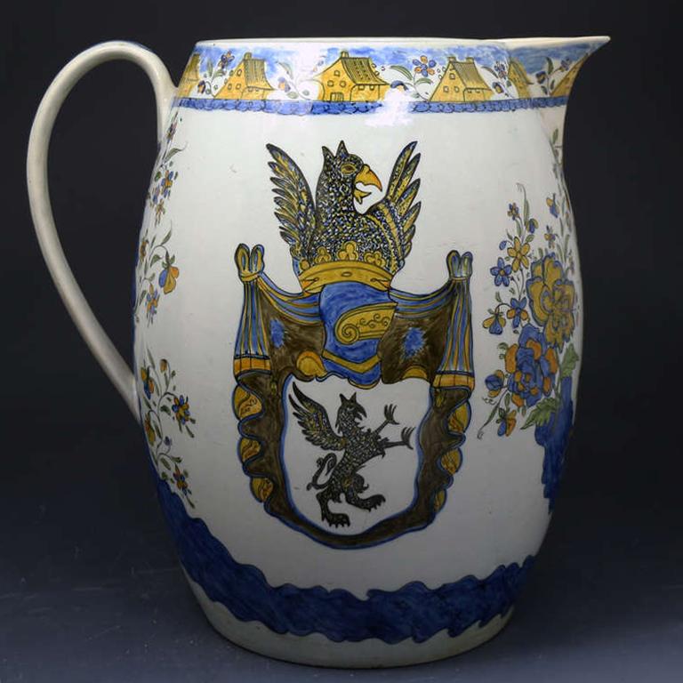 Enameled Massive Size Prattware Pitcher with Amorial, Prancing Horse For Sale
