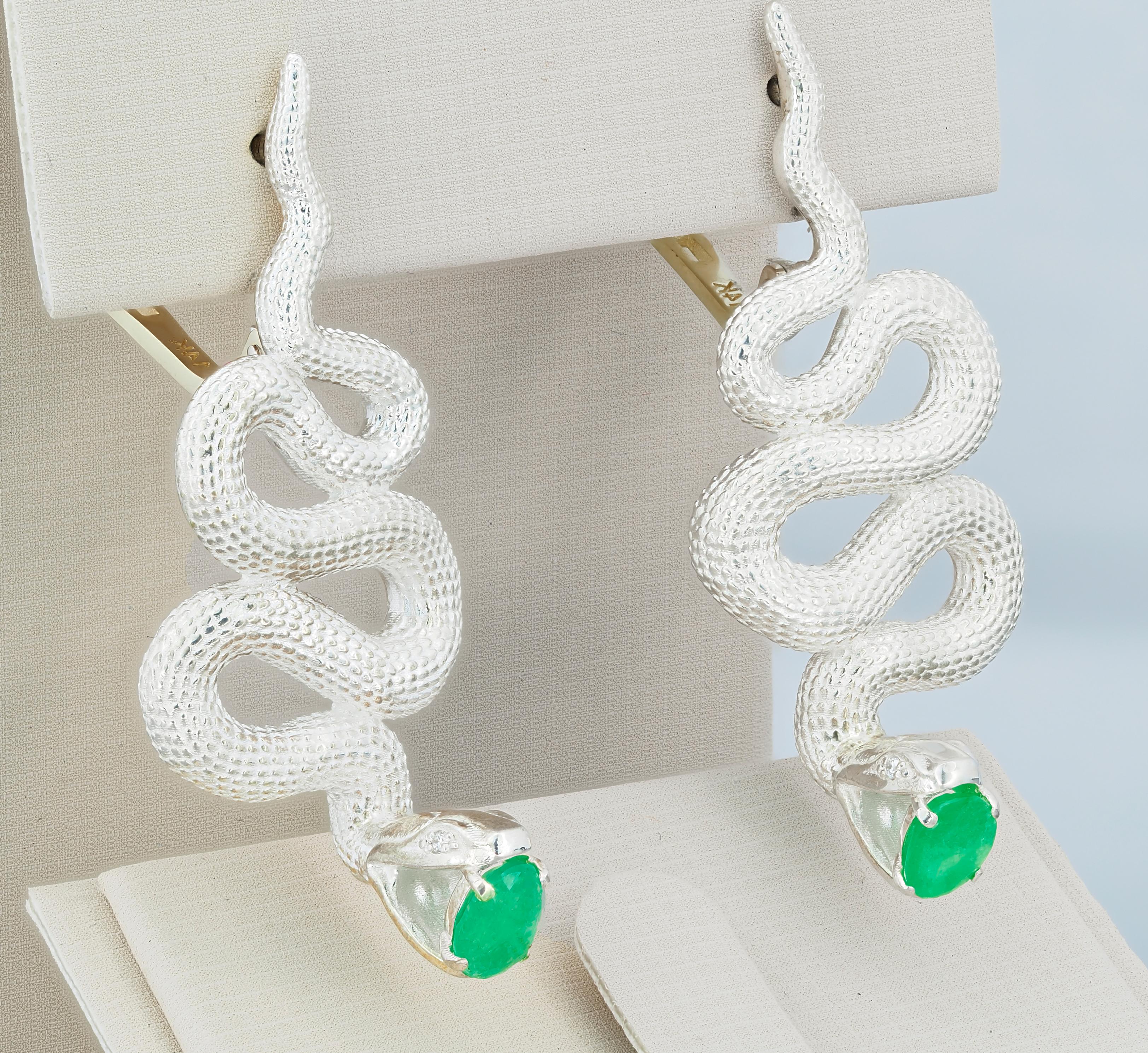 Modern Massive Snake Earrings with Emeralds and Diamonds For Sale