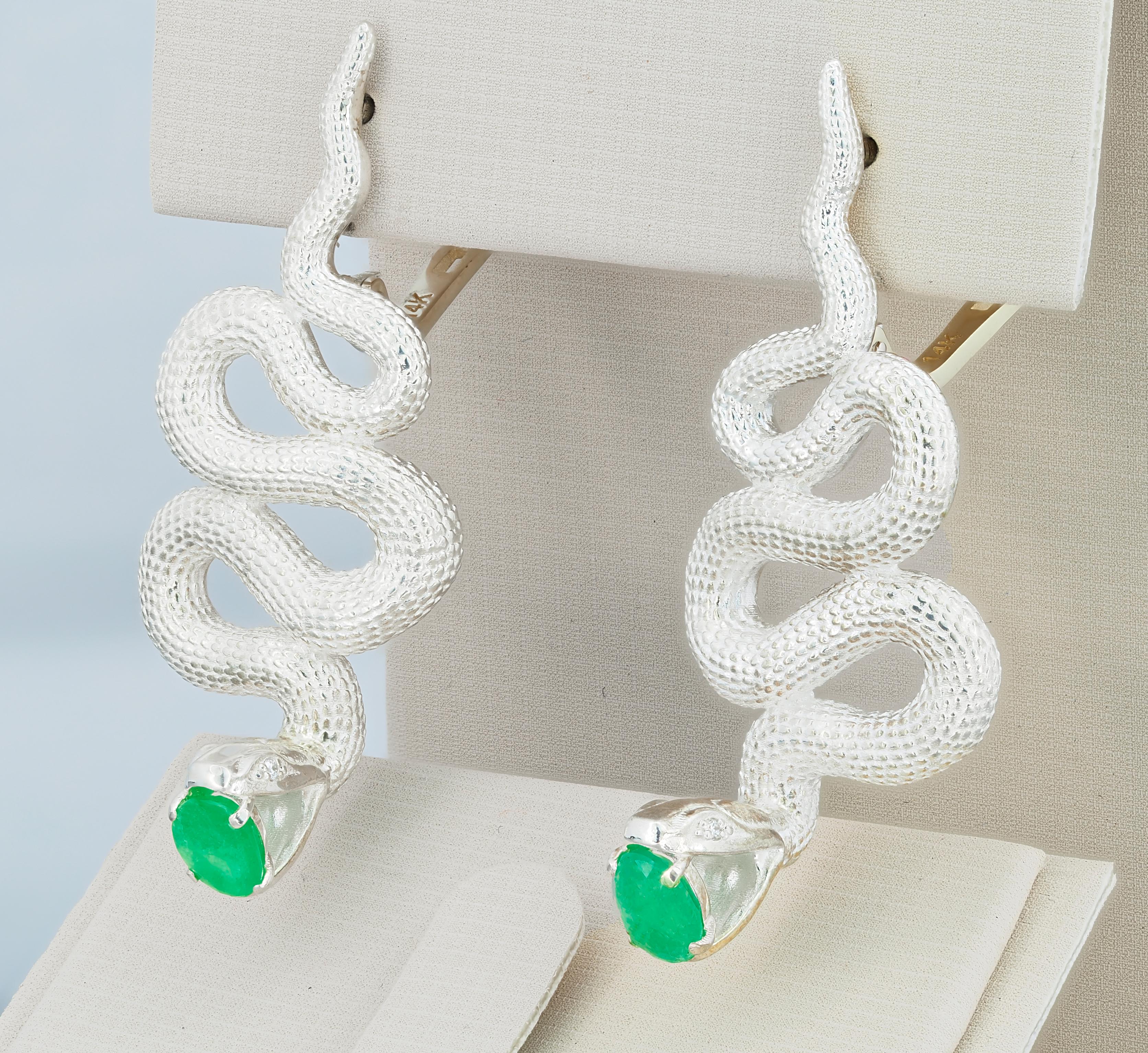 Oval Cut Massive Snake Earrings with Emeralds and Diamonds For Sale