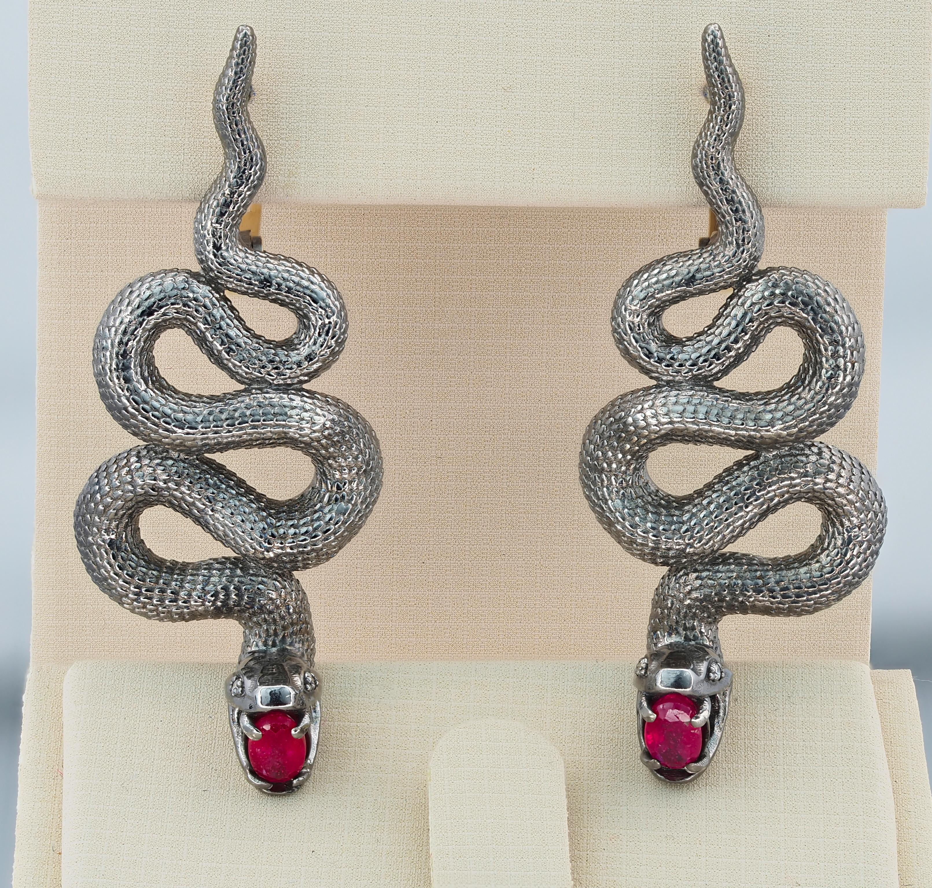 Modern Massive Snake Earrings with Rubies and Diamonds For Sale