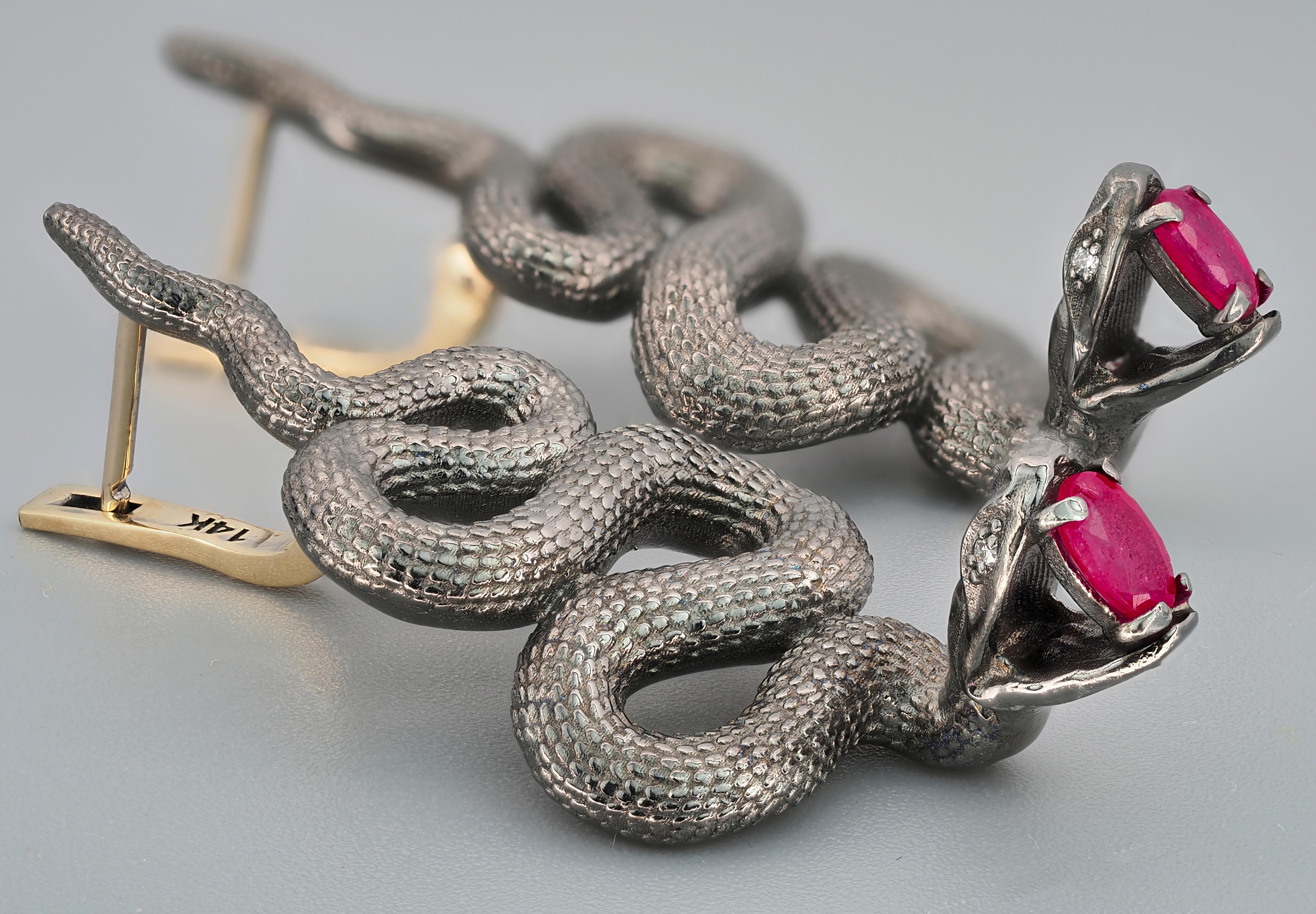 Massive Snake Earrings with Rubies and Diamonds For Sale 3