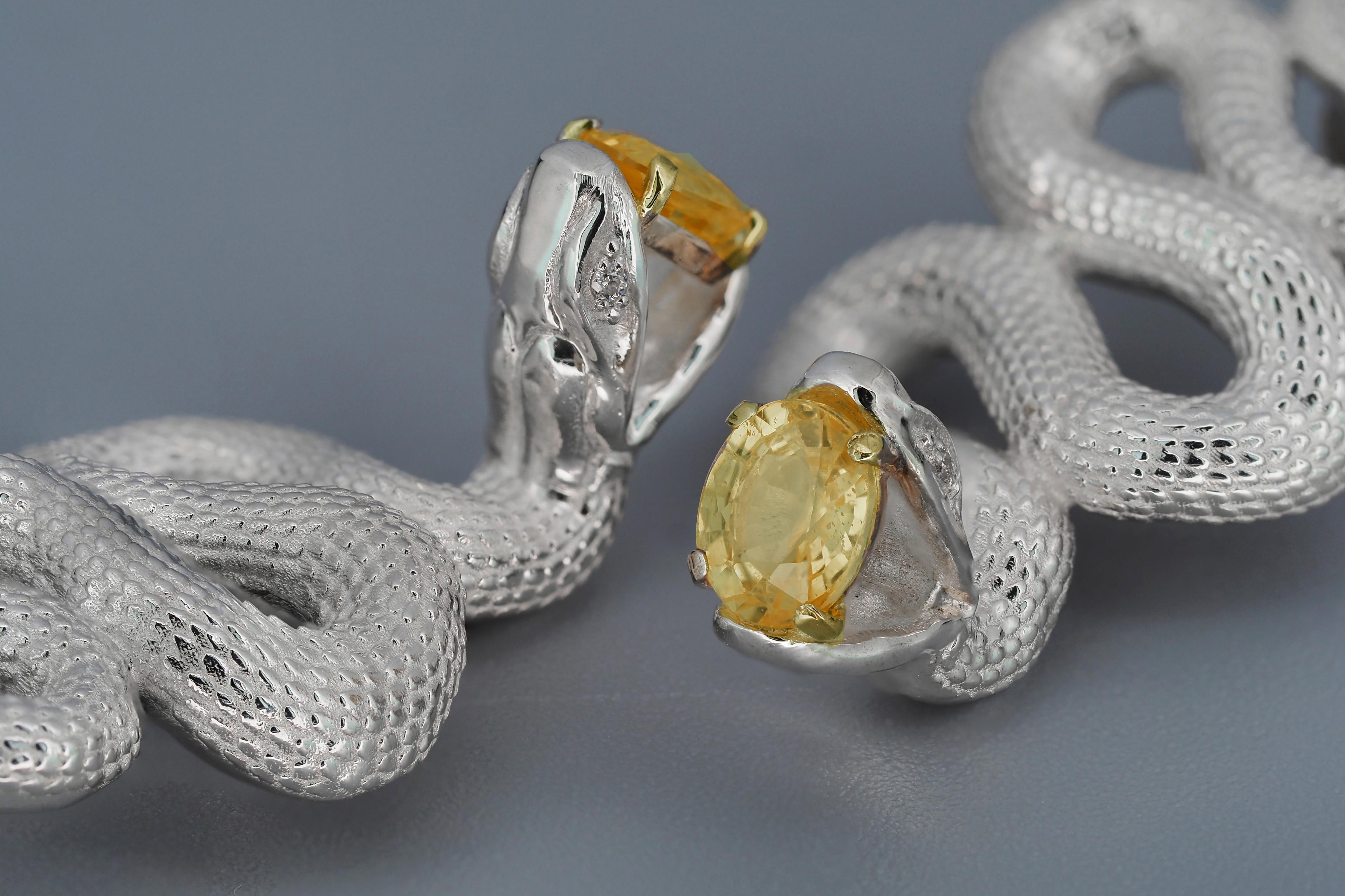 Massive Snake Earrings with Sapphires in Opened Mouth and Diamonds in Eyes For Sale 1