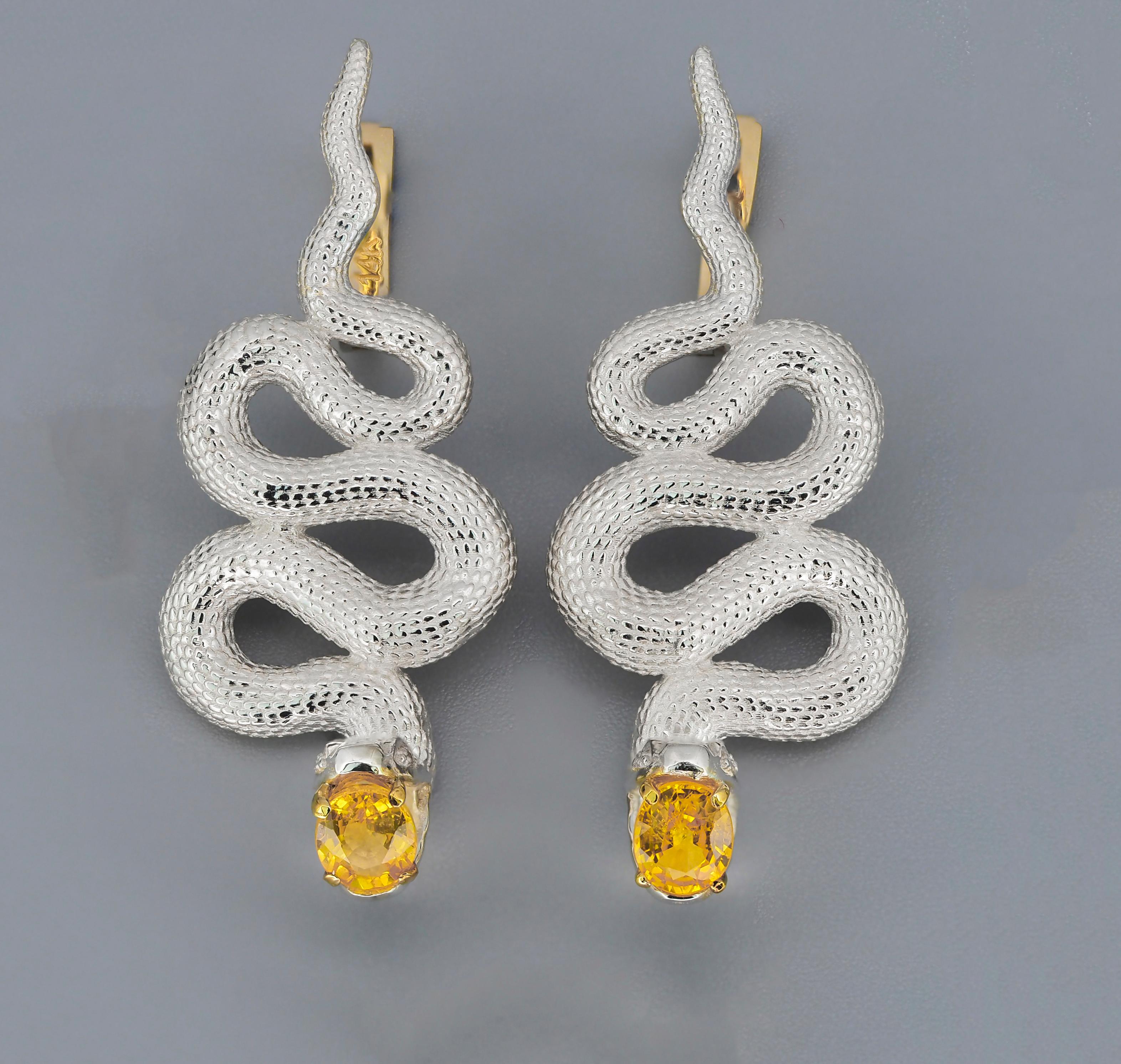 Massive Snake Earrings with Sapphires in Opened Mouth and Diamonds in Eyes For Sale 2